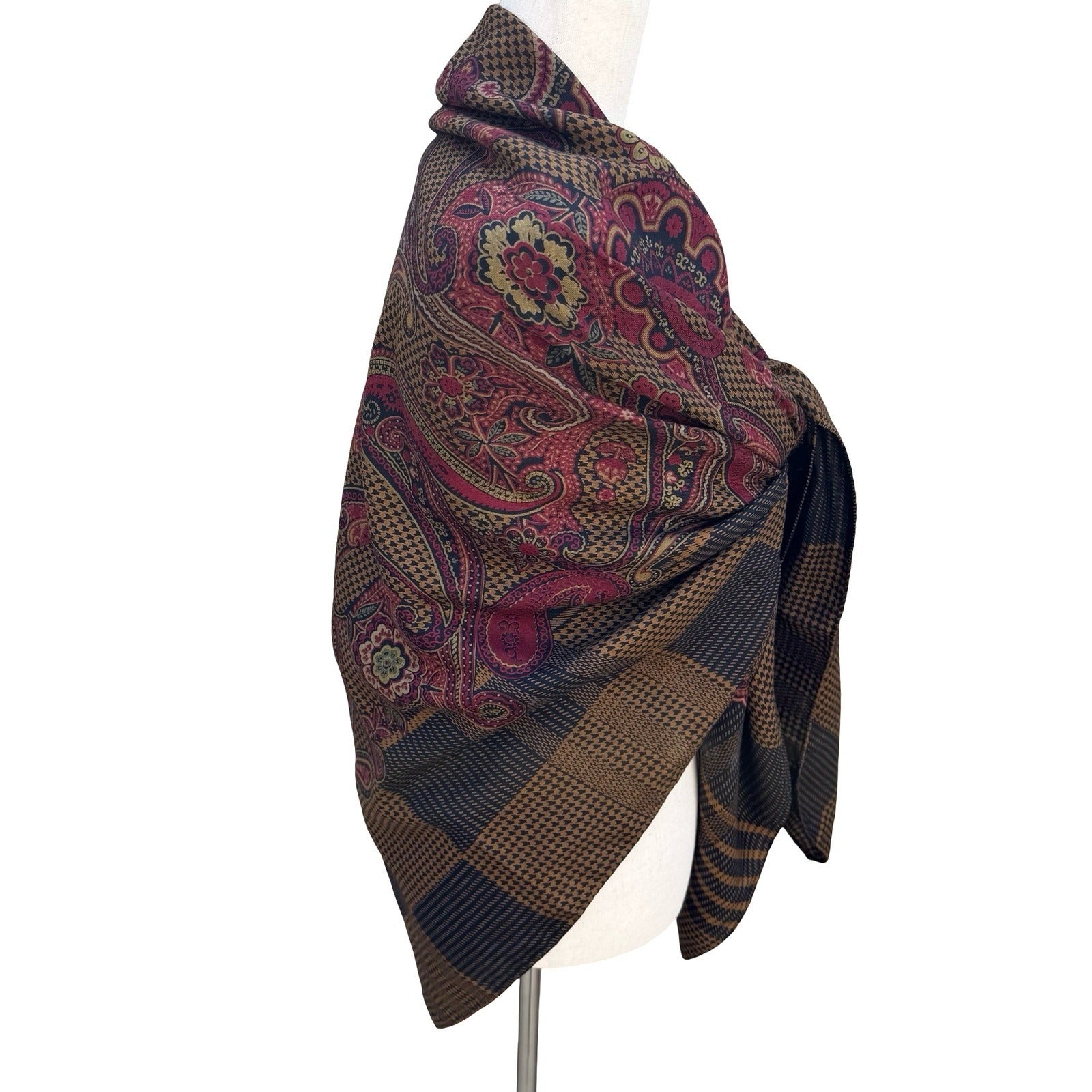 Alan Austin Vintage Wool Silk Scarf Paisley Houndstooth Plaid Burgundy Navy Wrap
