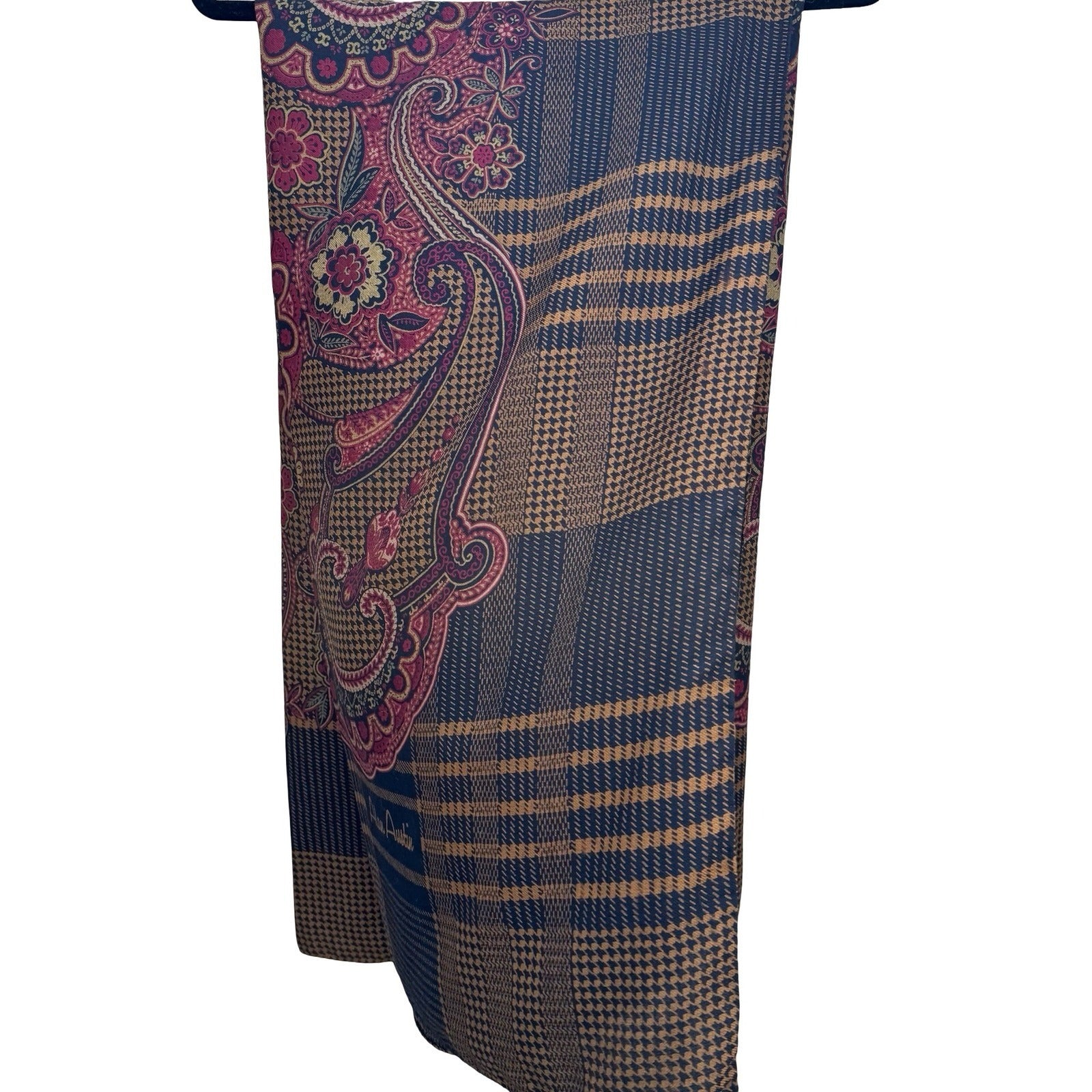 Alan Austin Vintage Wool Silk Scarf Paisley Houndstooth Plaid Burgundy Navy Wrap