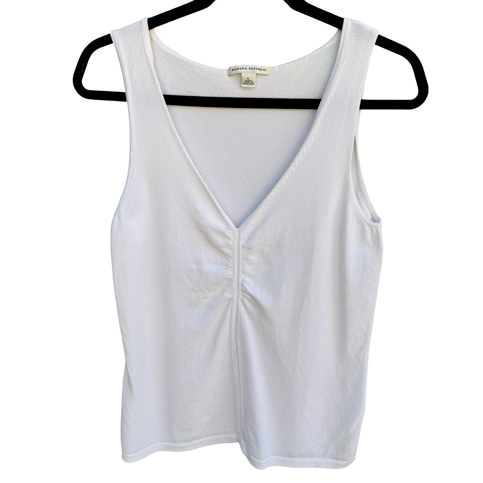 Banana Republic Womens White V-Neck Ruched Knit Tank Top Large 239440-01 Summer