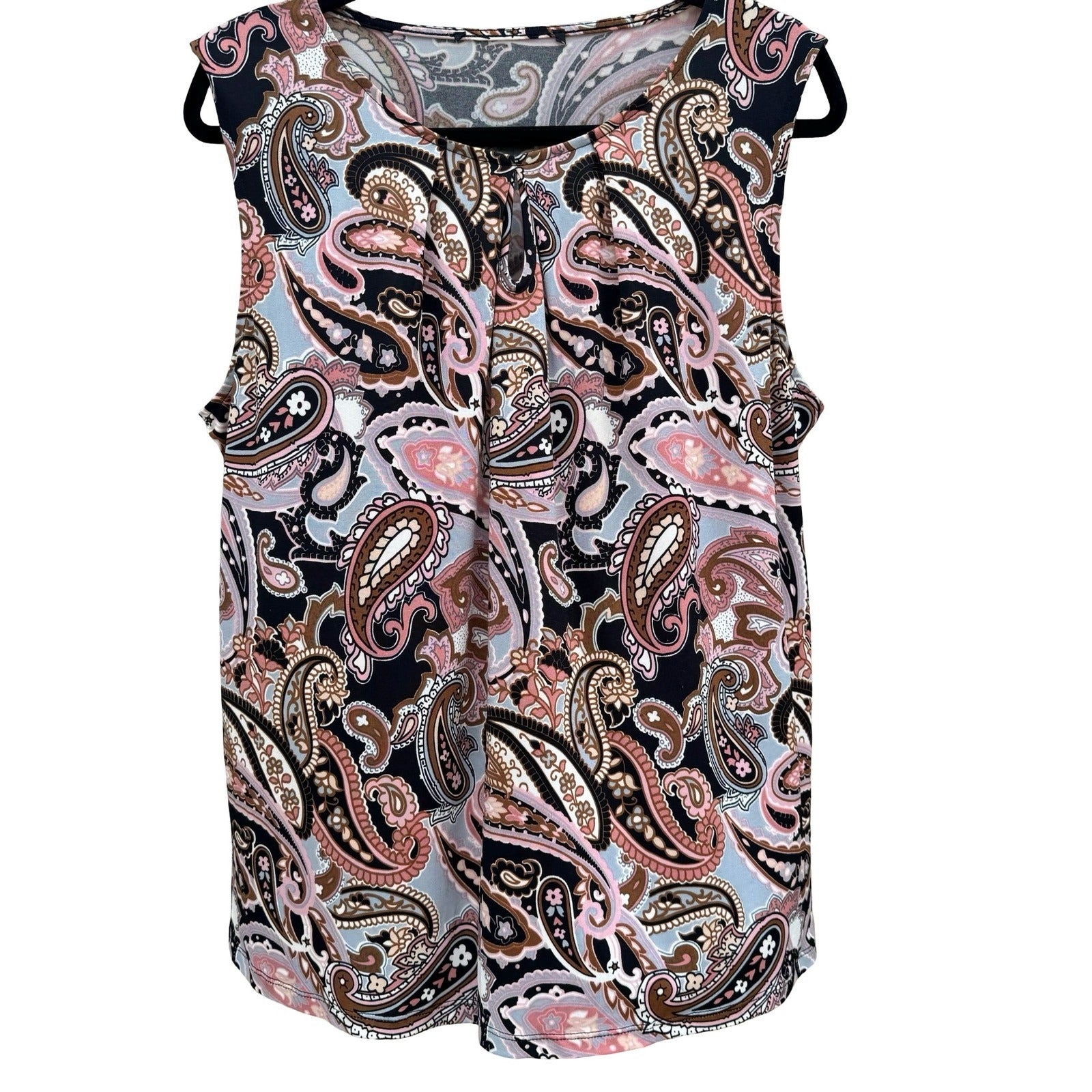 Kasper Womens Paisley Psychedelic Sleeveless Knit Top Pink Pleated Neck Mod Chic