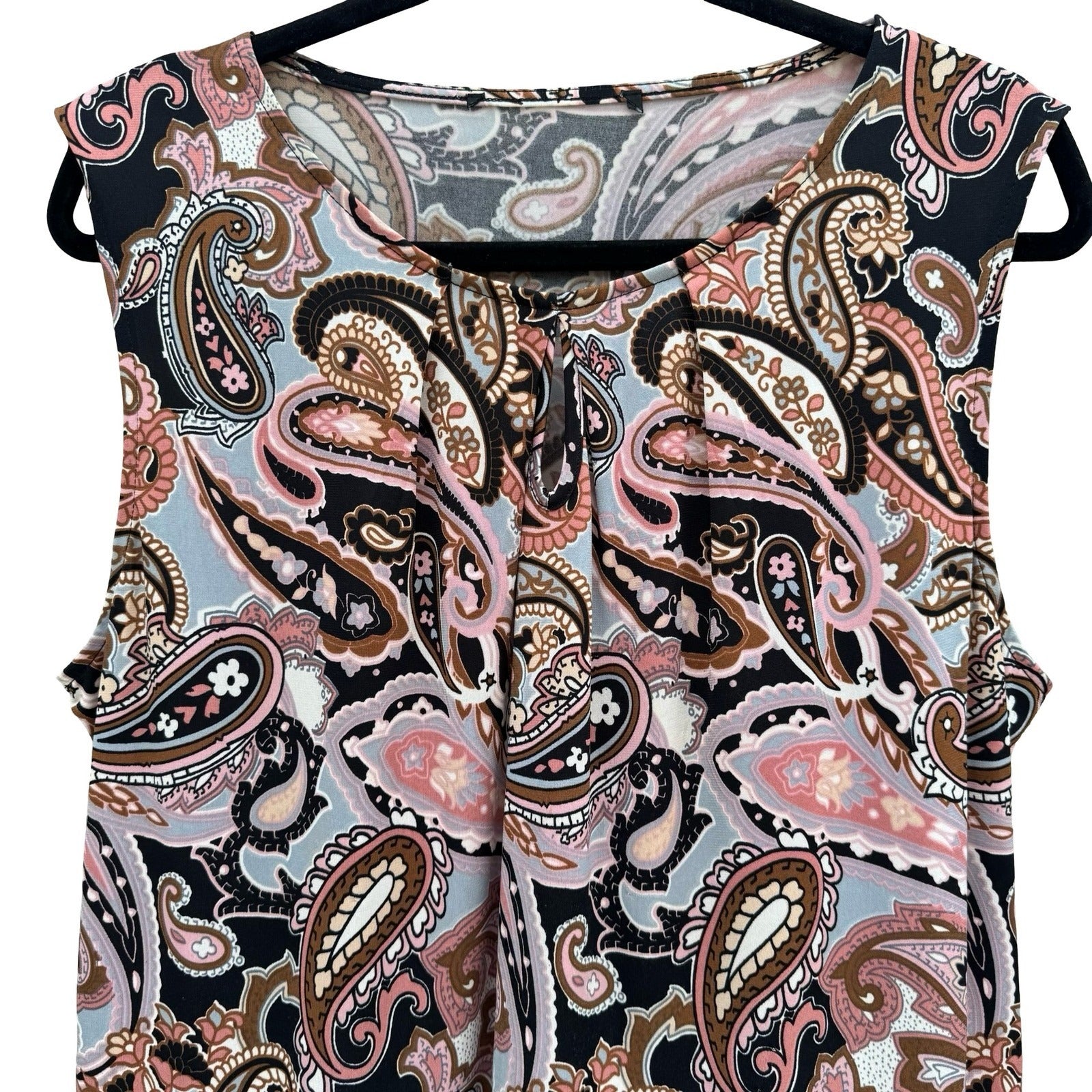 Kasper Womens Paisley Psychedelic Sleeveless Knit Top Pink Pleated Neck Mod Chic