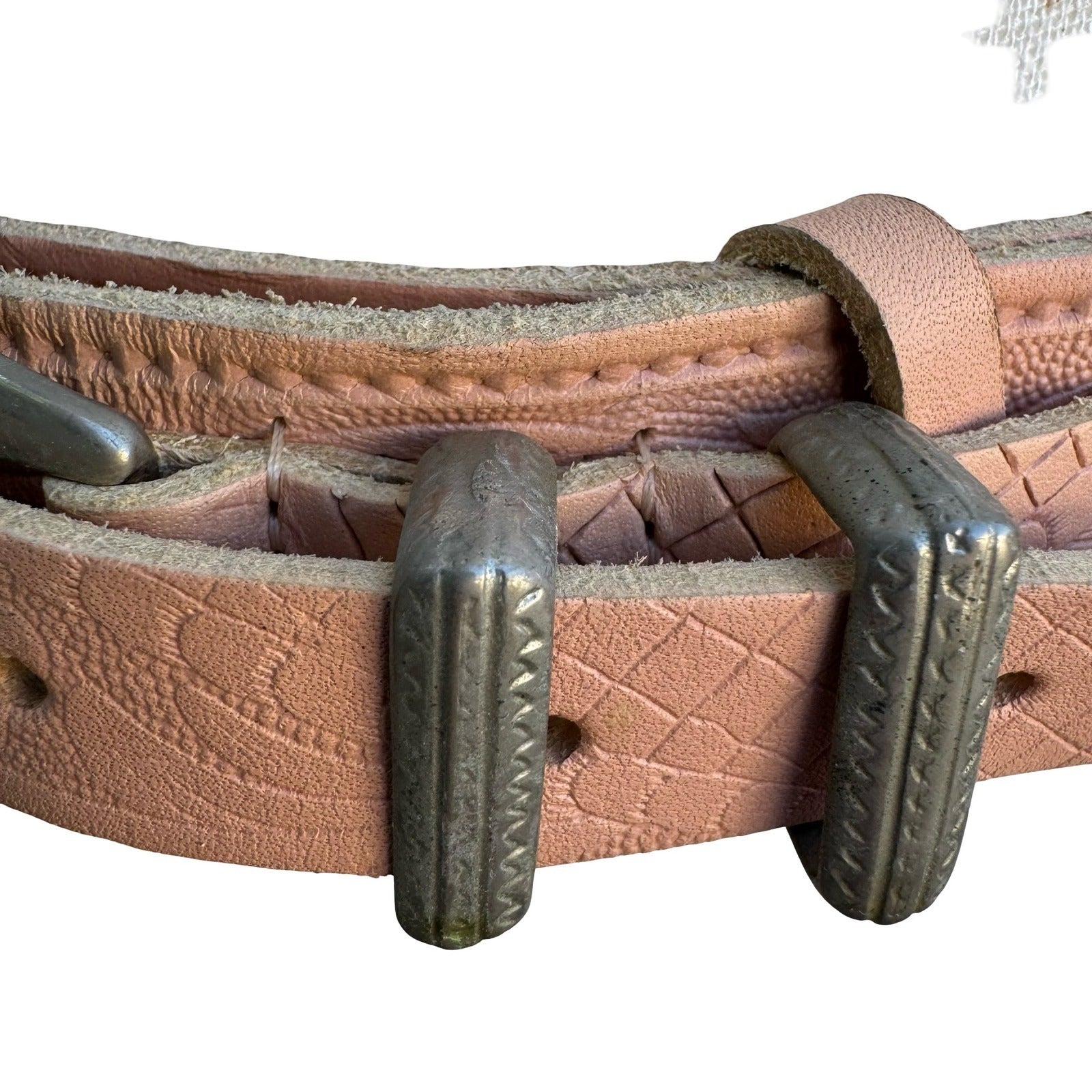 Vintage French Made Pink Tooled Leather Western Belt Silver Buckle 80 32 52567