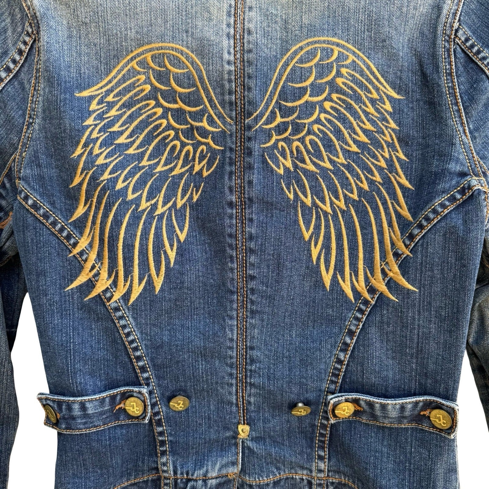 JC Denim Y2K Angel Wing Rocker Edgy Moto Indie Glam Embroidered Denim Jacket S