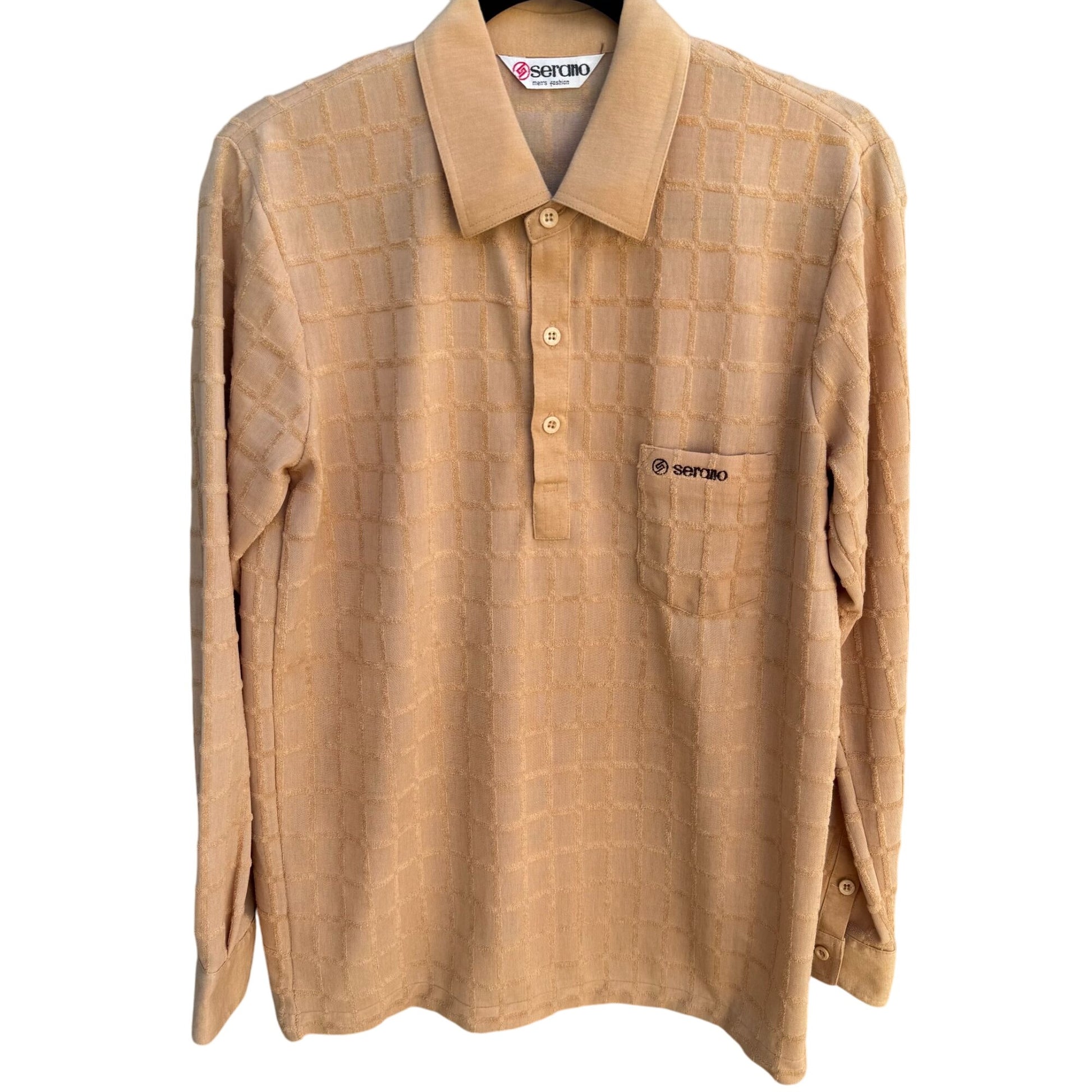 Serano Vintage Mens Tan Long-Sleeve Textured Grid Terrycloth Pocket Polo Shirt