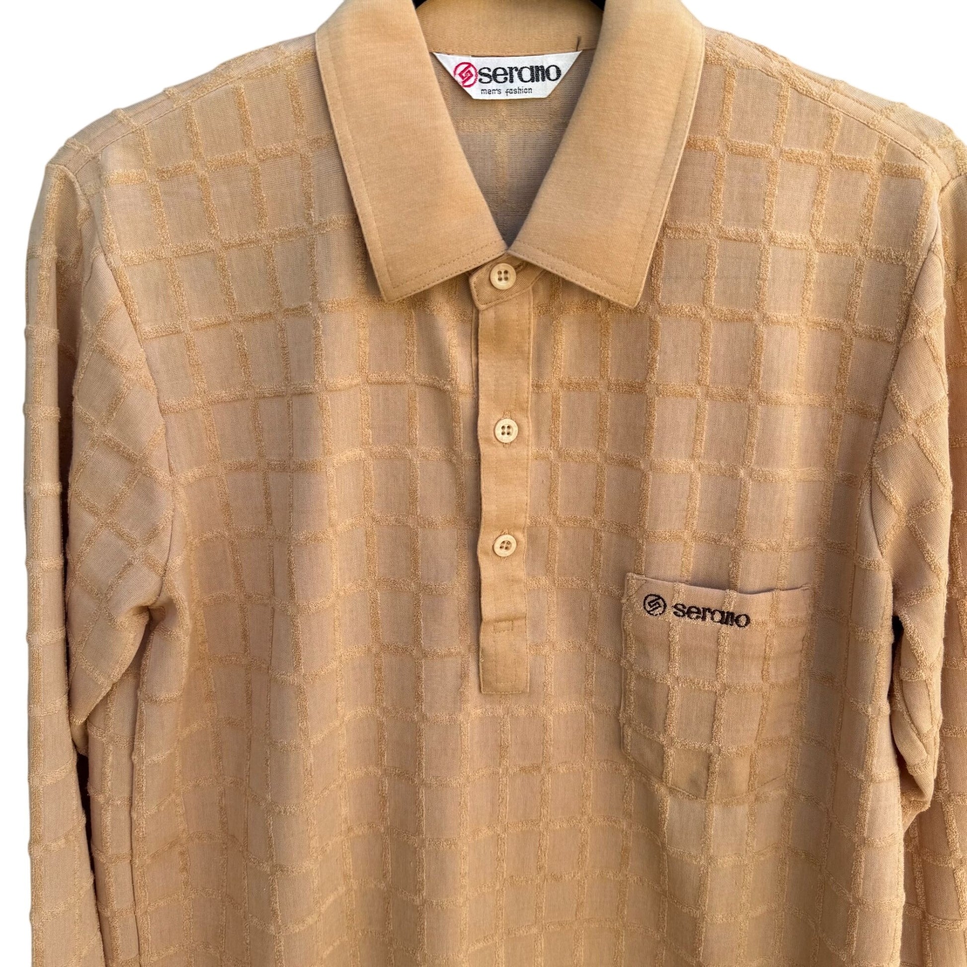 Serano Vintage Mens Tan Long-Sleeve Textured Grid Terrycloth Pocket Polo Shirt