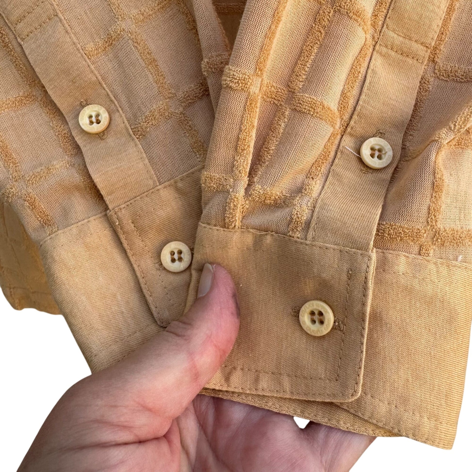 Serano Vintage Mens Tan Long-Sleeve Textured Grid Terrycloth Pocket Polo Shirt
