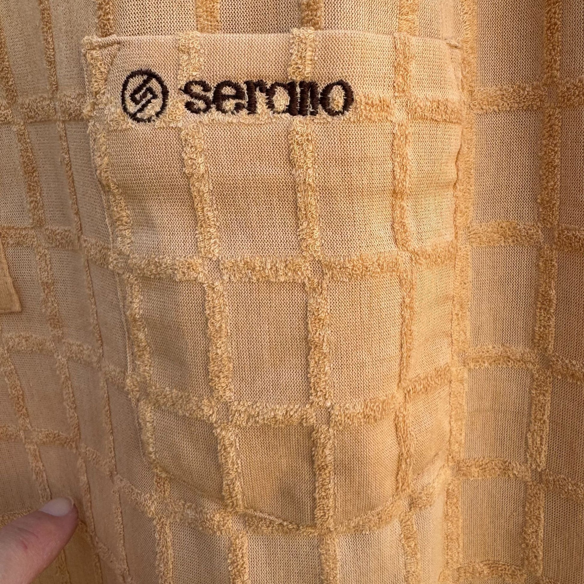 Serano Vintage Mens Tan Long-Sleeve Textured Grid Terrycloth Pocket Polo Shirt