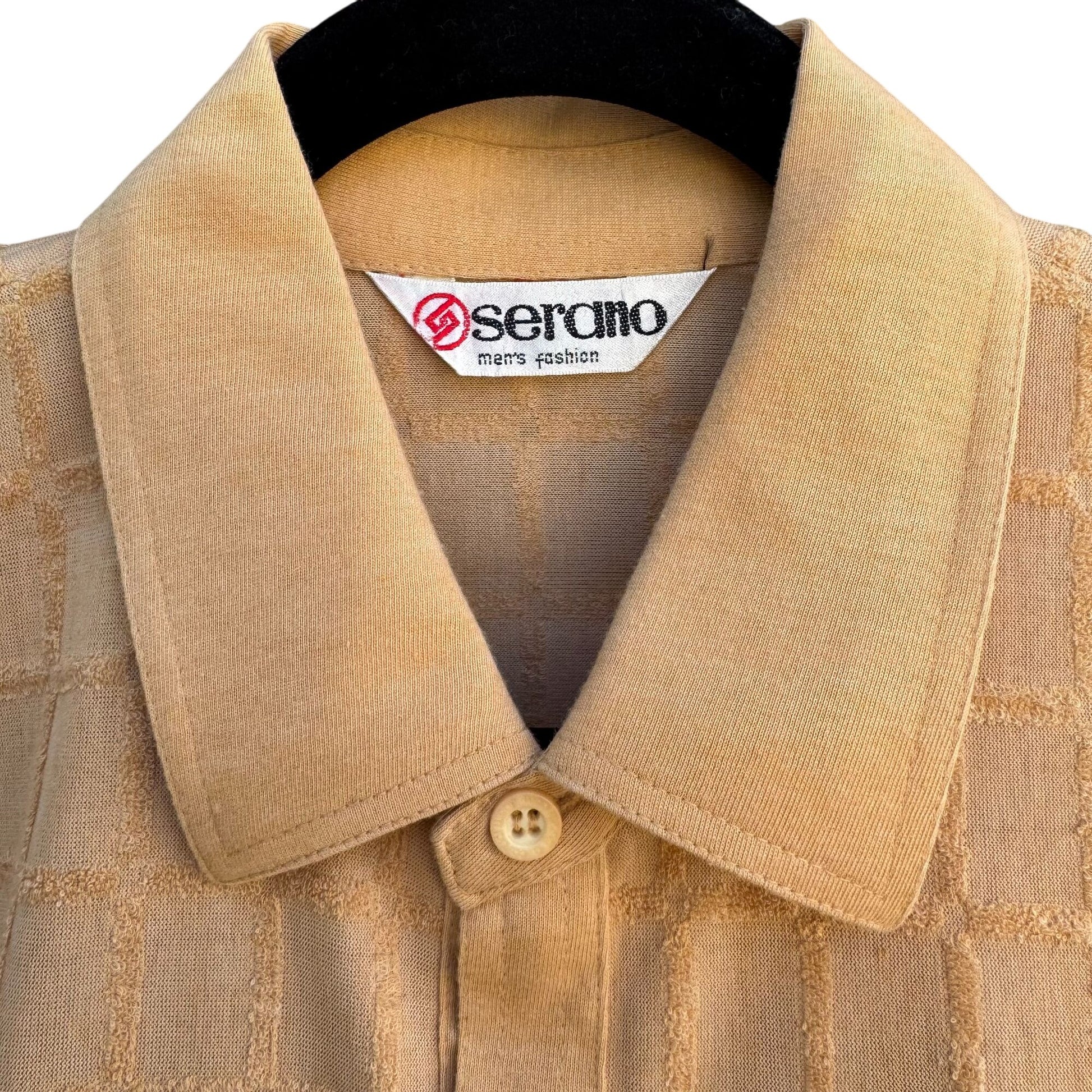 Serano Vintage Mens Tan Long-Sleeve Textured Grid Terrycloth Pocket Polo Shirt