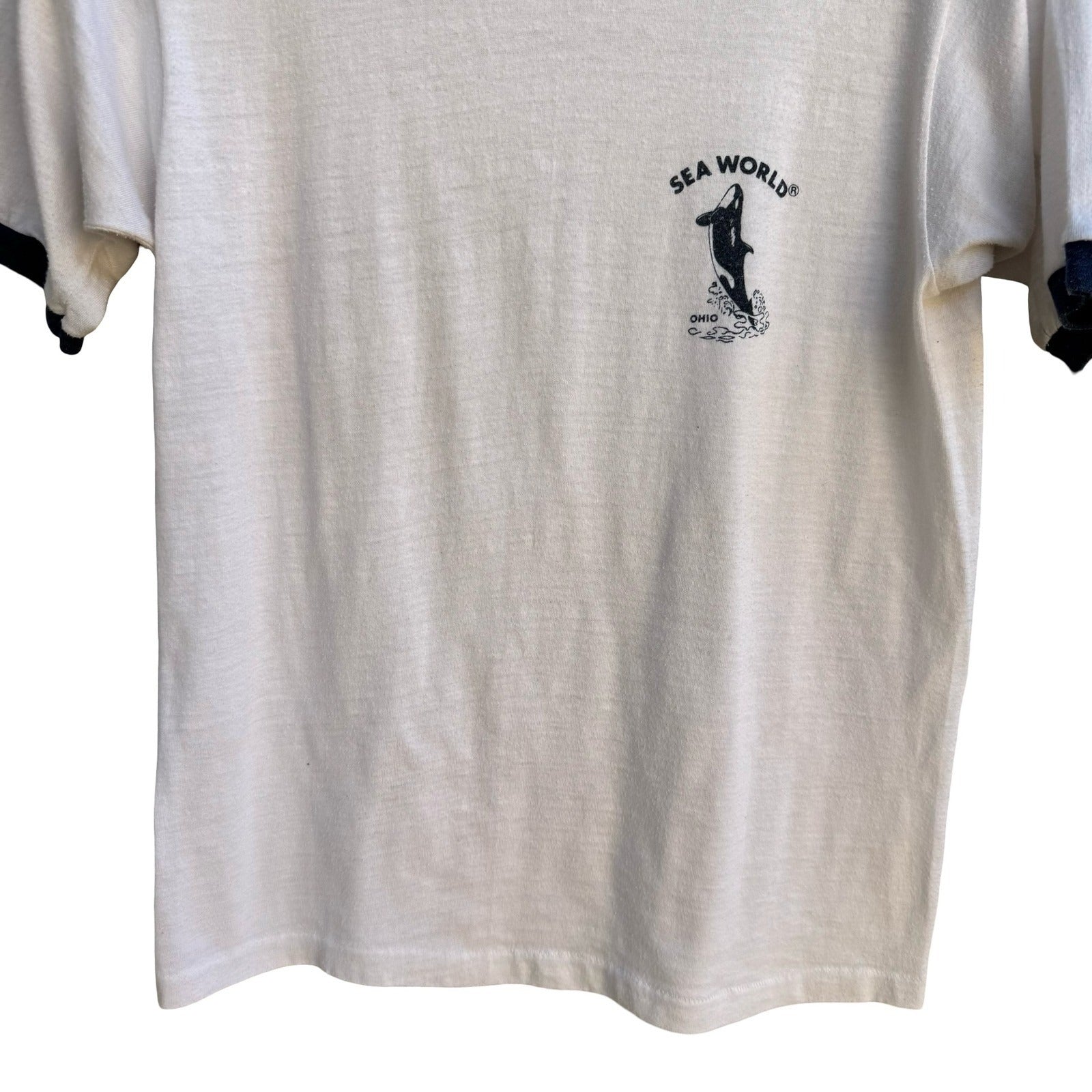 Sea World Ohio Vintage 80s Theme Park Orca Ringer T-Shirt White Single Stitch S