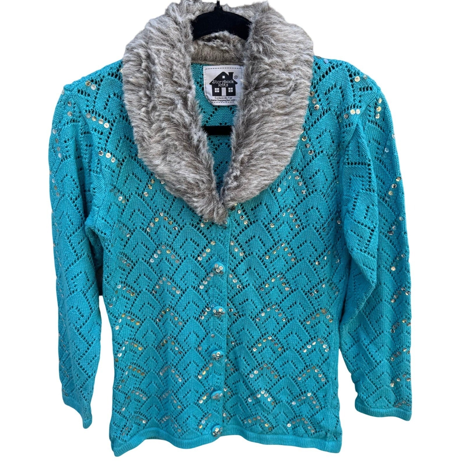 Storybook Knits Turquoise Blue Sequin Faux Fur Collar Pointelle Cardigan Sweater