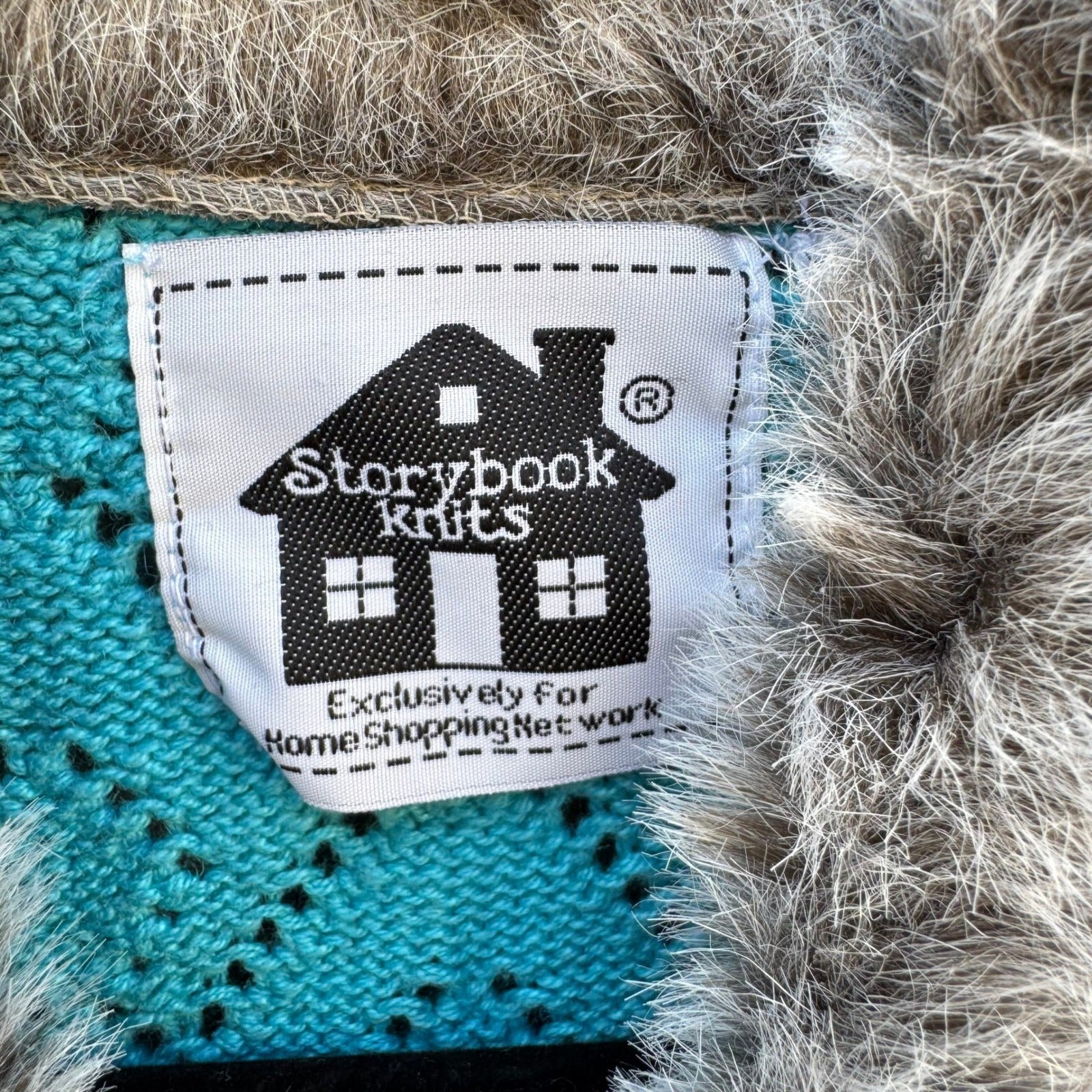 Storybook Knits Turquoise Blue Sequin Faux Fur Collar Pointelle Cardigan Sweater
