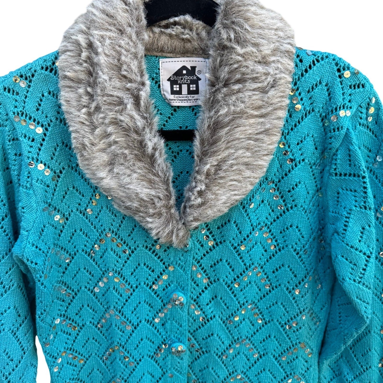 Storybook Knits Turquoise Blue Sequin Faux Fur Collar Pointelle Cardigan Sweater