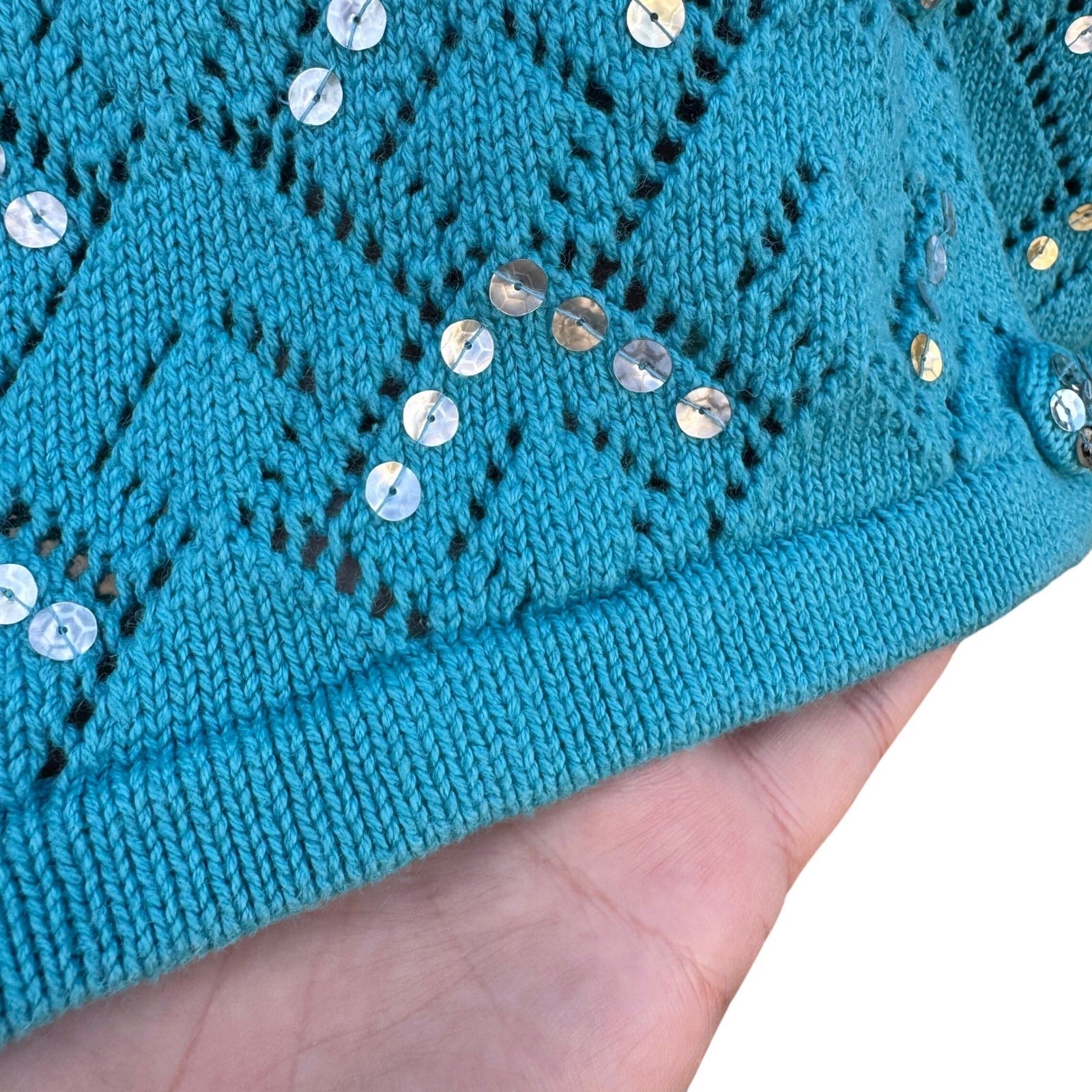 Storybook Knits Turquoise Blue Sequin Faux Fur Collar Pointelle Cardigan Sweater