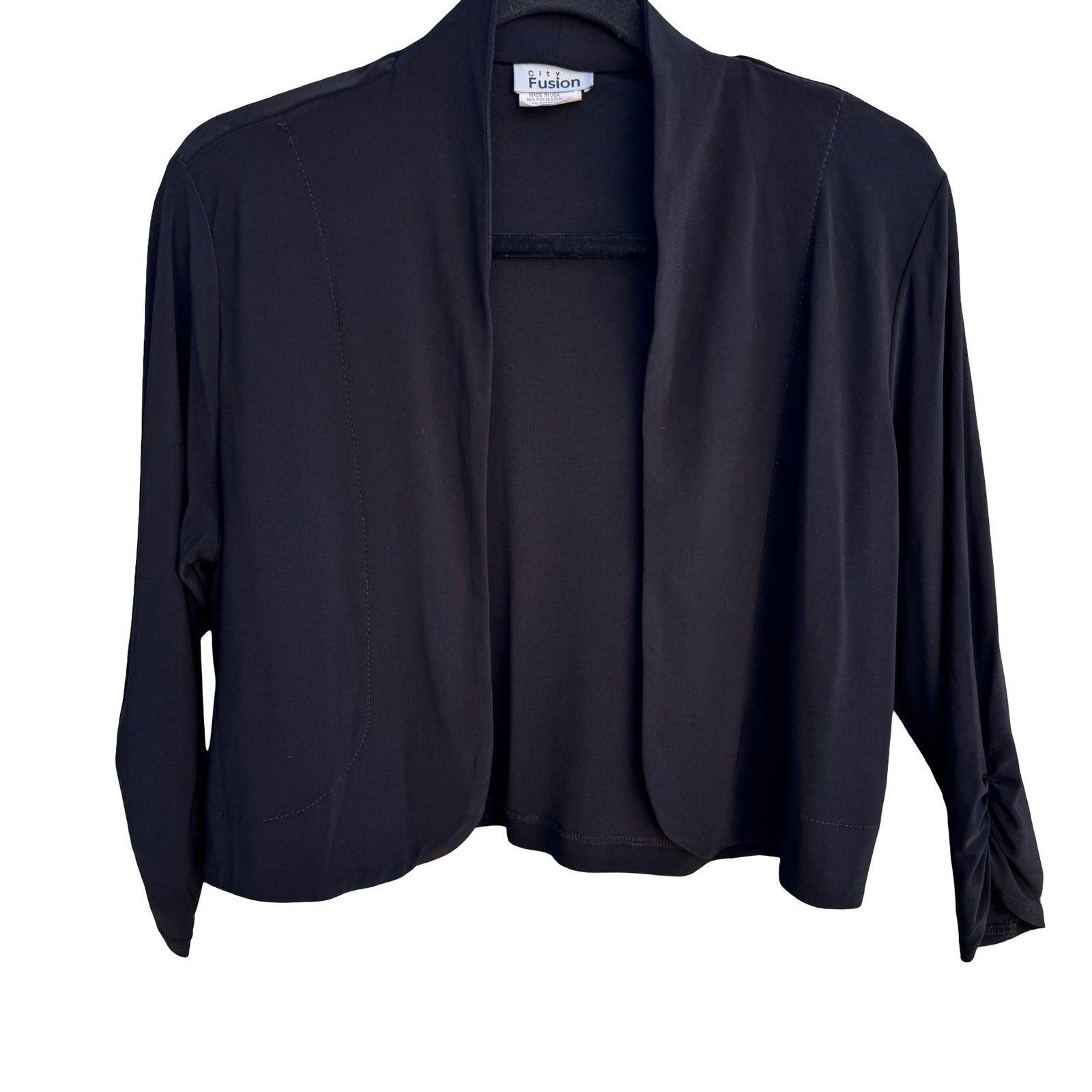 City Fusion Womens M Black Open Front Ruched Sleeve Evening Bolero Shrug Jacket