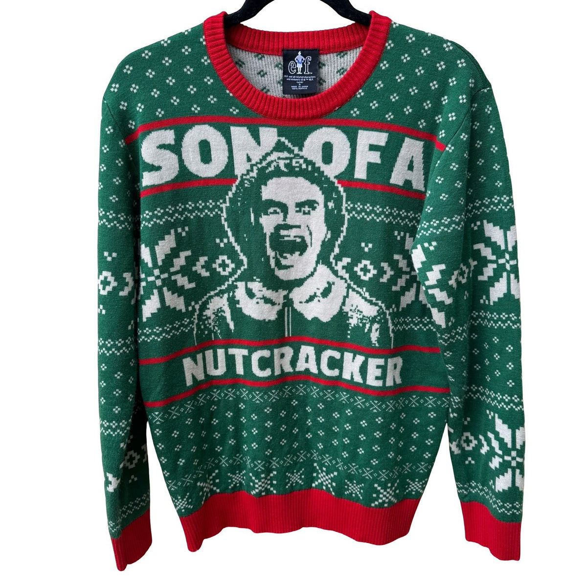 Elf Son of a Nutcracker Buddy Festive Holiday Movie Graphic Sweater Green Mens S