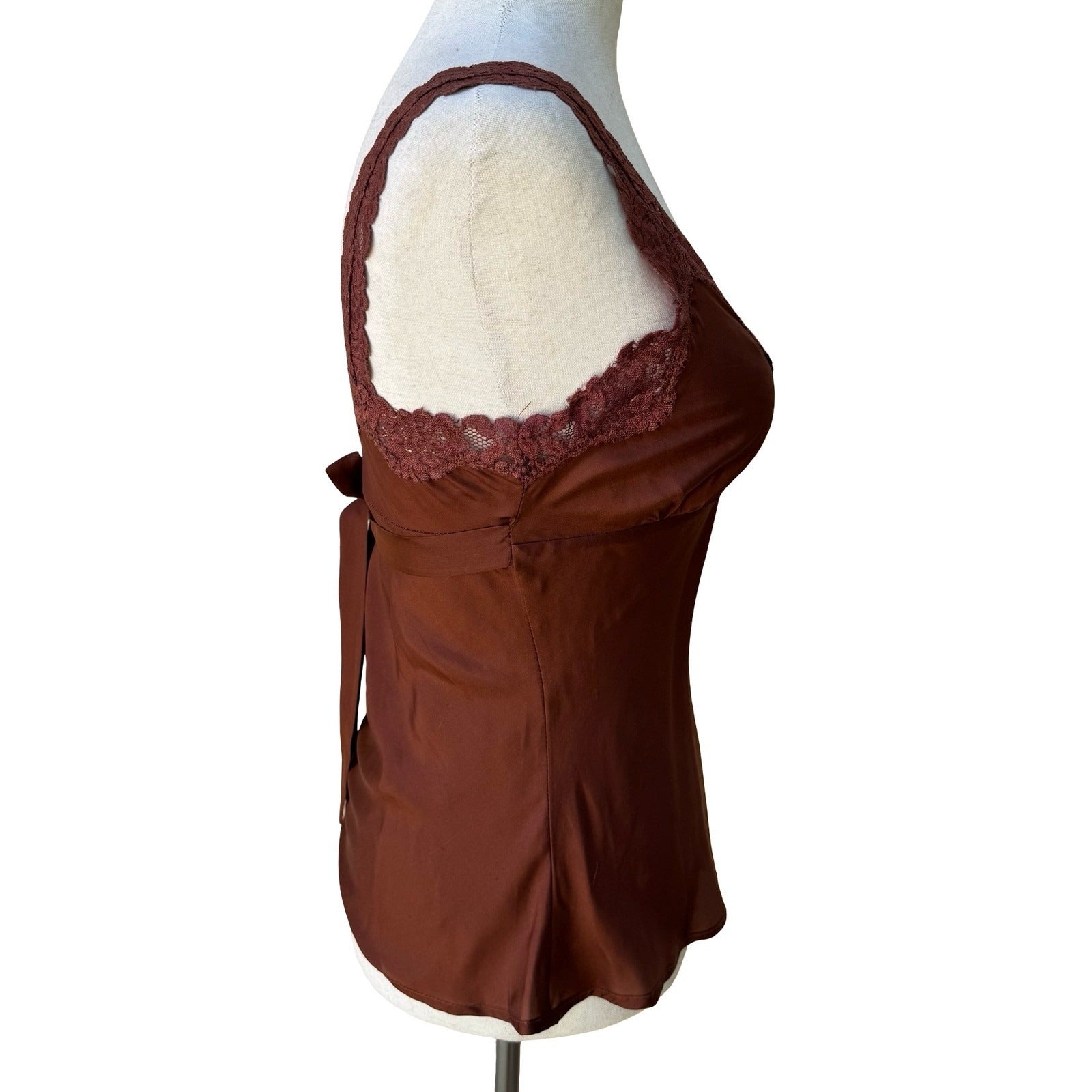 Twenty One Y2K Coquette Fairycore 100% Silk Lace Trim Tie Camisole Top Brown S