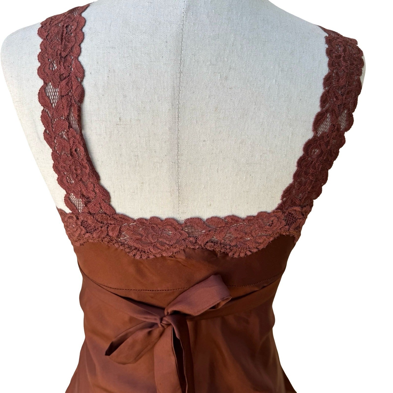 Twenty One Y2K Coquette Fairycore 100% Silk Lace Trim Tie Camisole Top Brown S