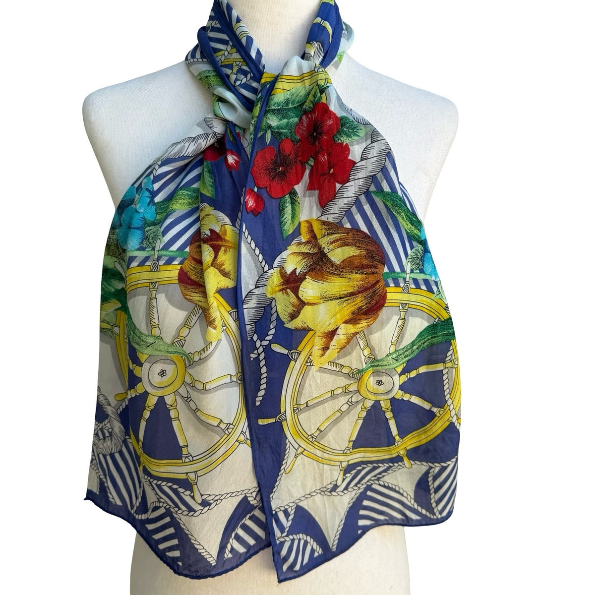 Worthington Silk Hand Stitch Nautical Floral Scarf Coastal Sheer Rectangle Scarf