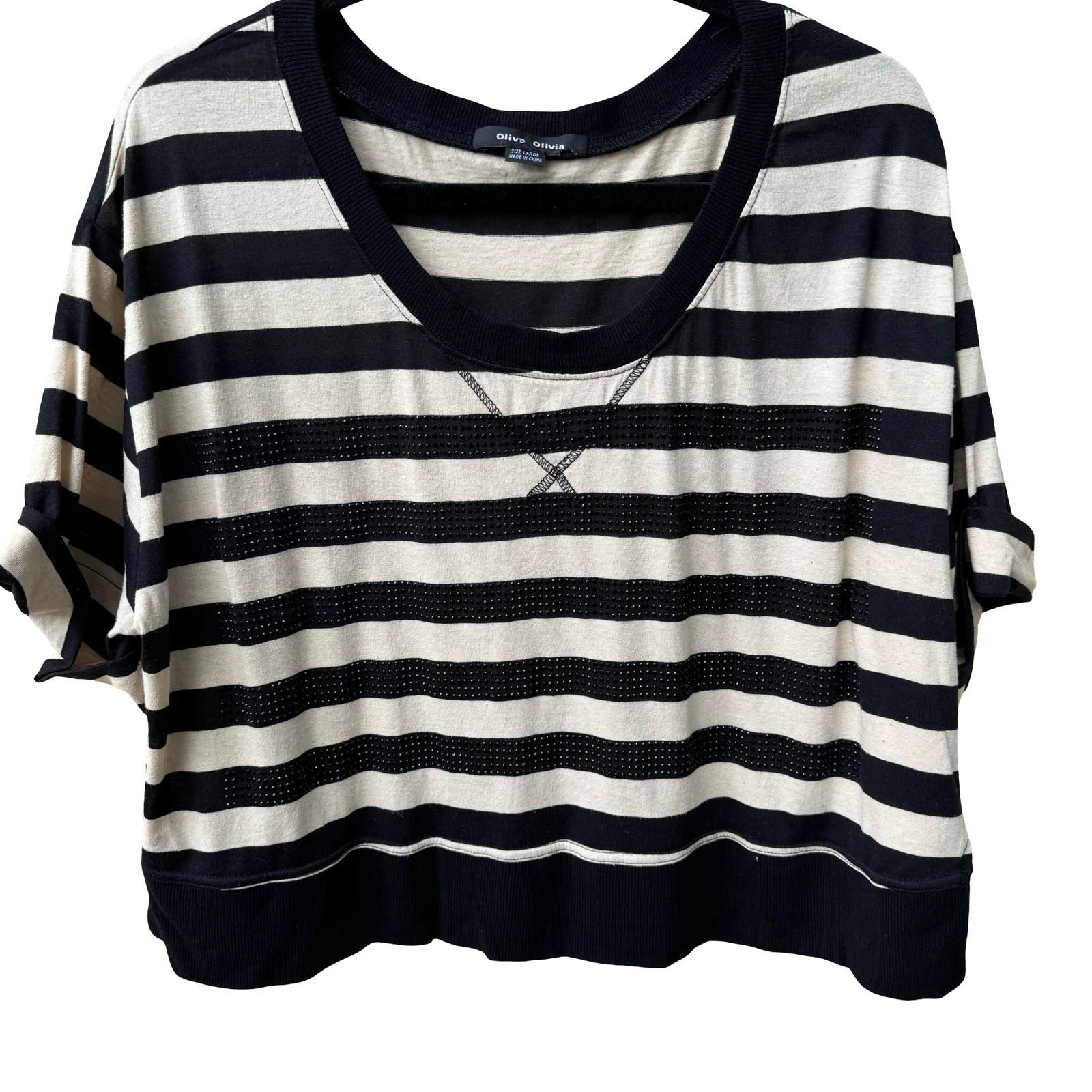 Olive Olivia Parisian Nautical Edgy Striped Studded Cotton Linen Top Womens L