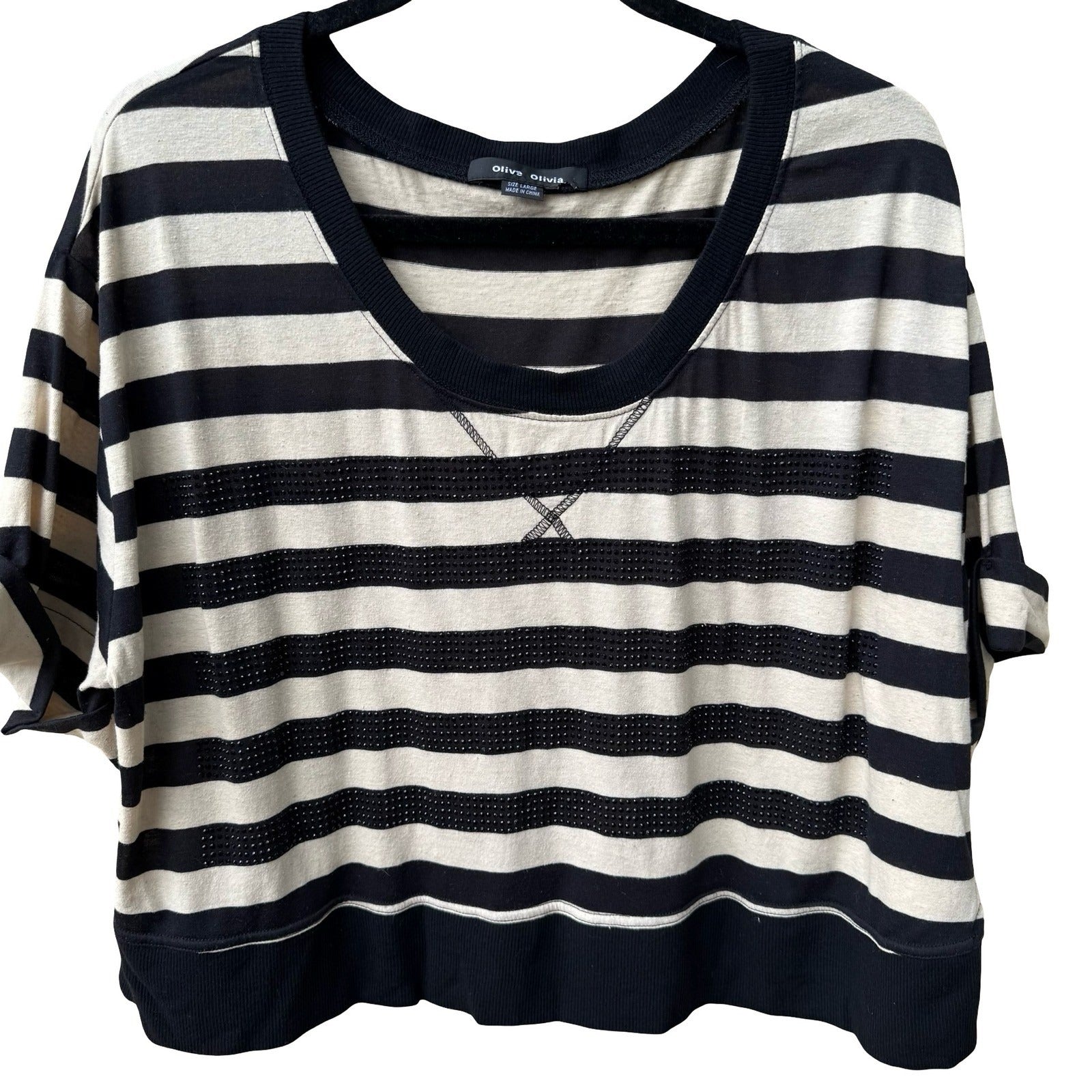 Olive Olivia Parisian Nautical Edgy Striped Studded Cotton Linen Top Womens L
