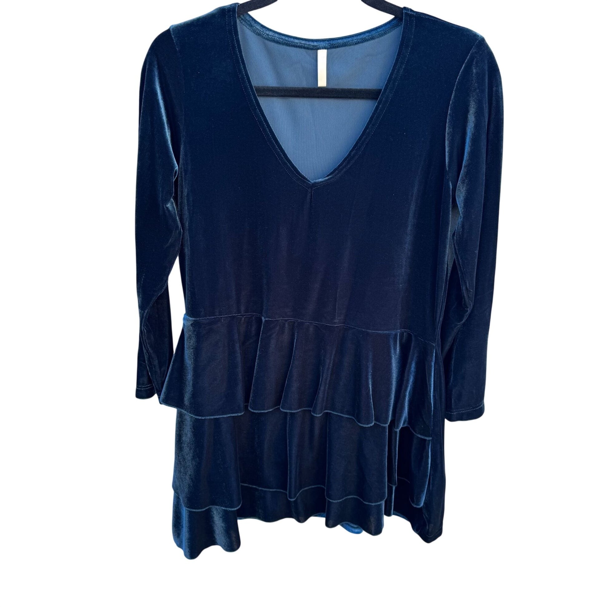 Magdalena Vintage Y2K Velvet Tiered Empire Waist Navy Long Sleeve V-Neck Dress M