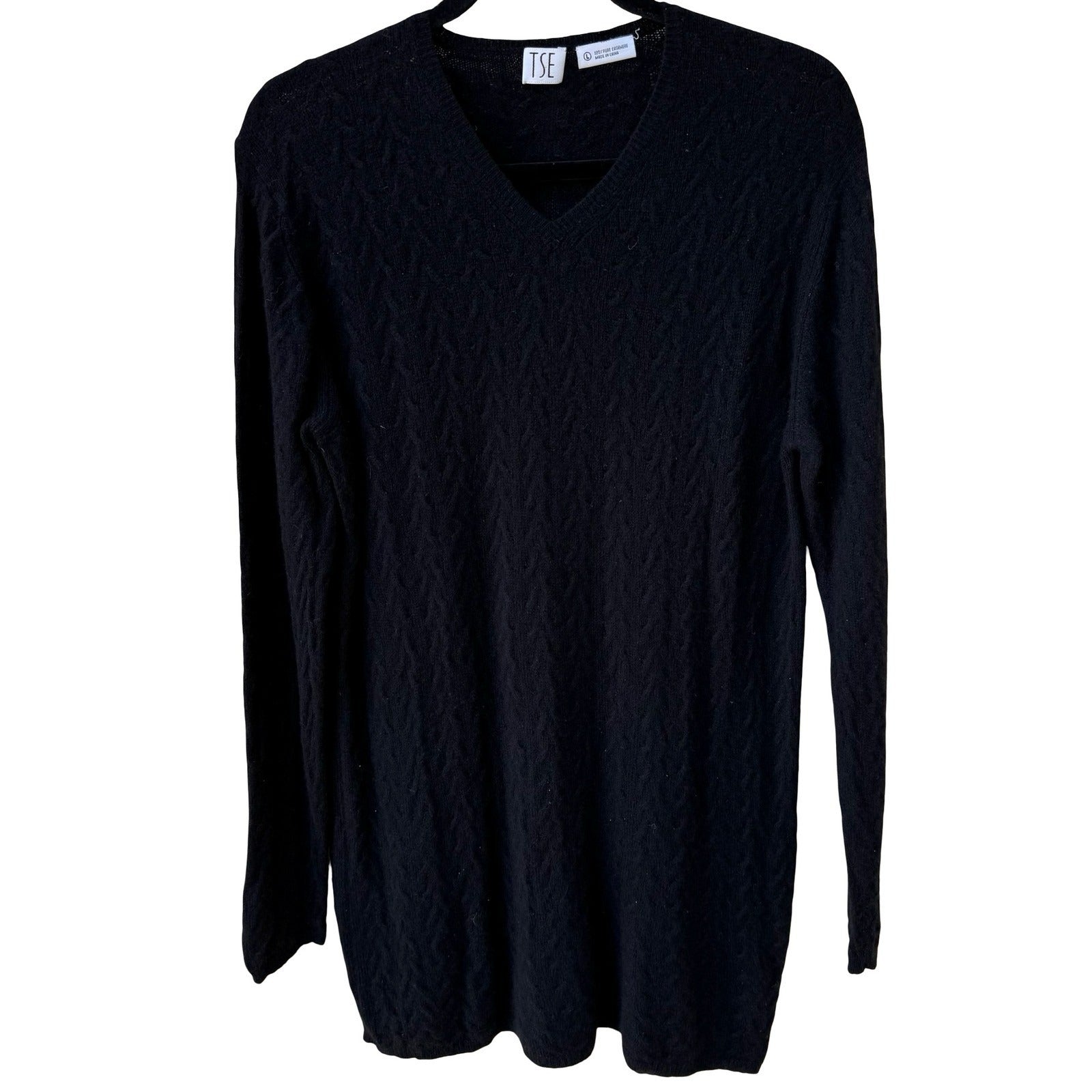 TSE Black 100% Cashmere Chevron Cable Knit V-Neck Sweater Longline Womens Large