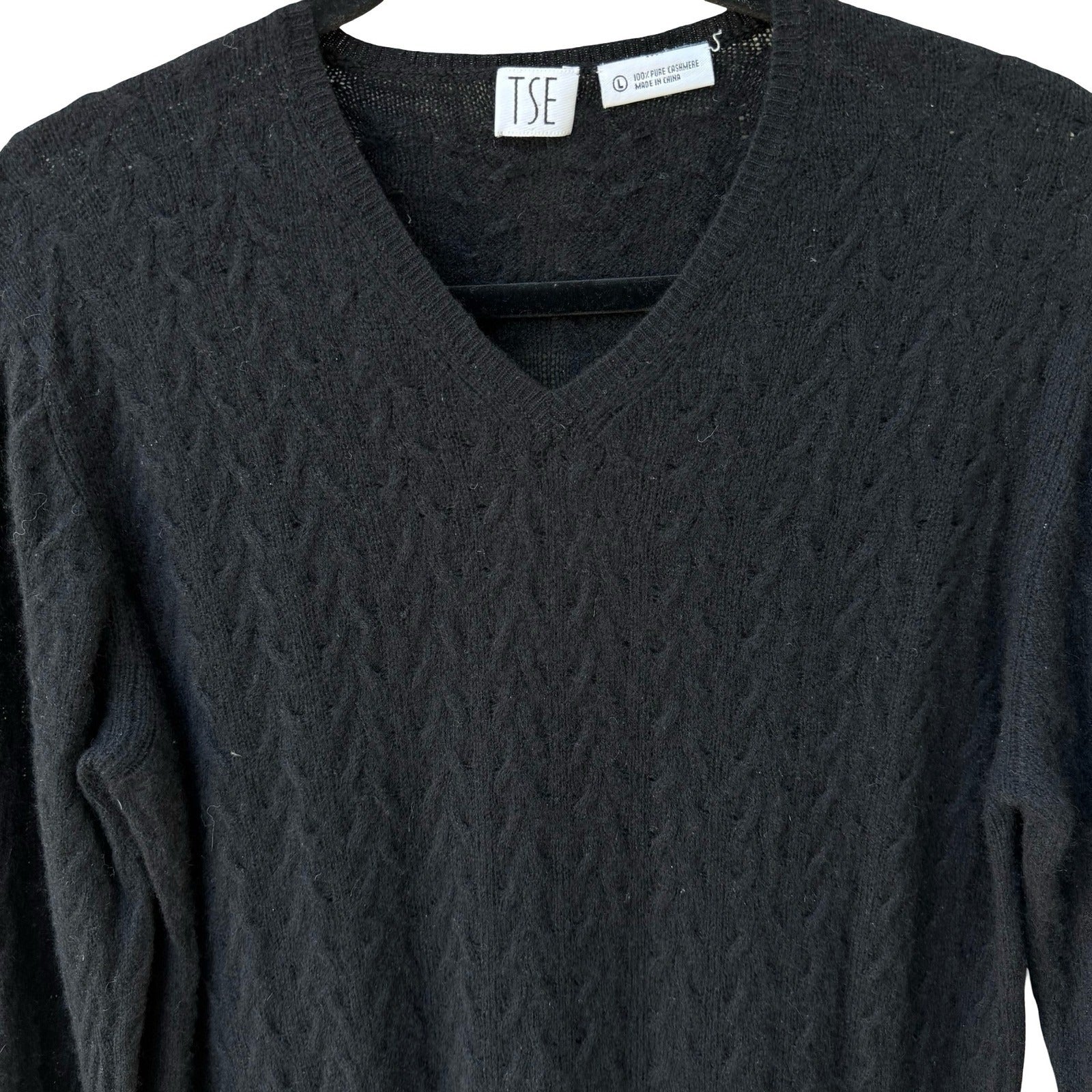 TSE Black 100% Cashmere Chevron Cable Knit V-Neck Sweater Longline Womens Large