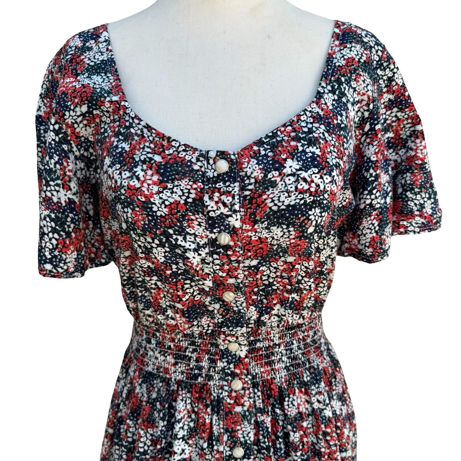 Wrangler Retro Womens S Red Floral Smocked Waist Cowgirl Mini Dress Boho Western