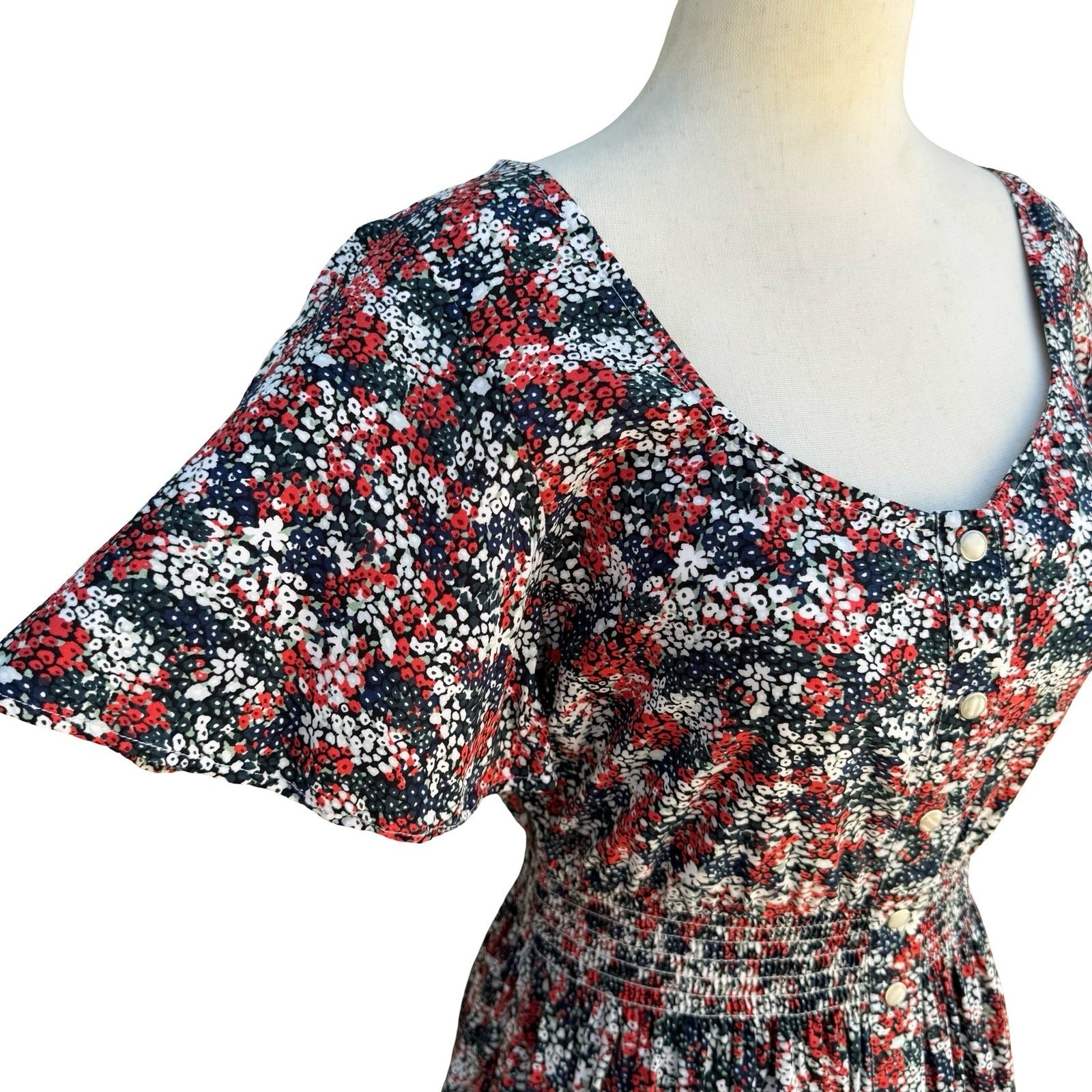 Wrangler Retro Womens S Red Floral Smocked Waist Cowgirl Mini Dress Boho Western