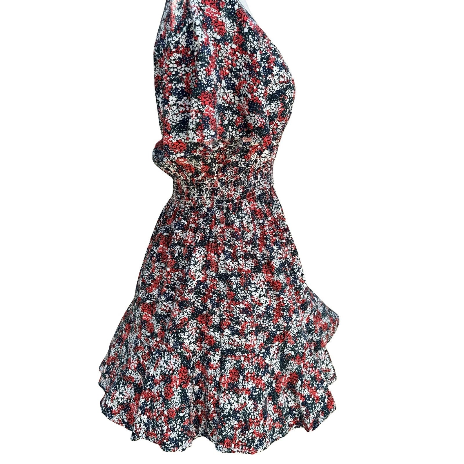 Wrangler Retro Womens S Red Floral Smocked Waist Cowgirl Mini Dress Boho Western
