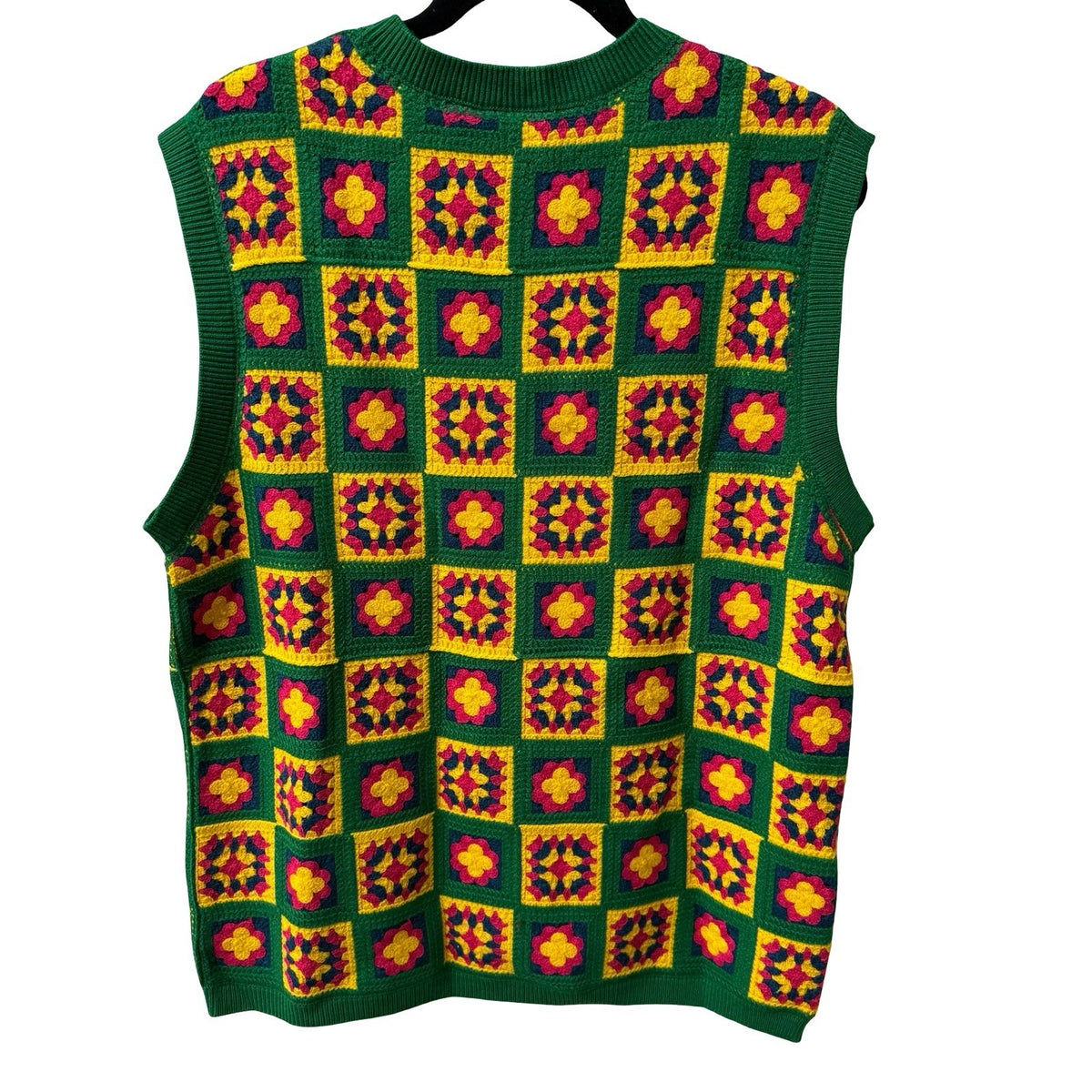 WESC Granny Square Crochet Knit Vest Boho Retro Sweater Green Mens M Womens L