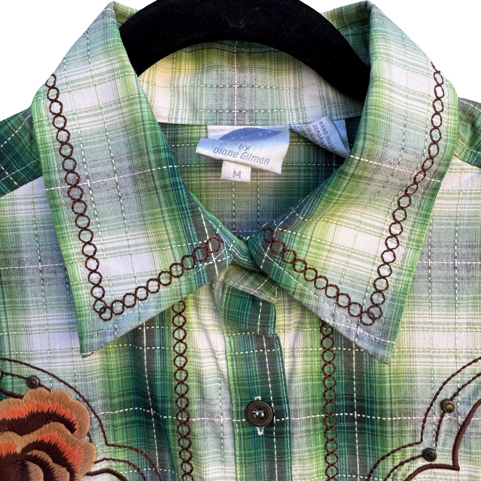 Diane Gilman DG2 Green Plaid Floral Embroidered Western Button Up Shirt M NEW