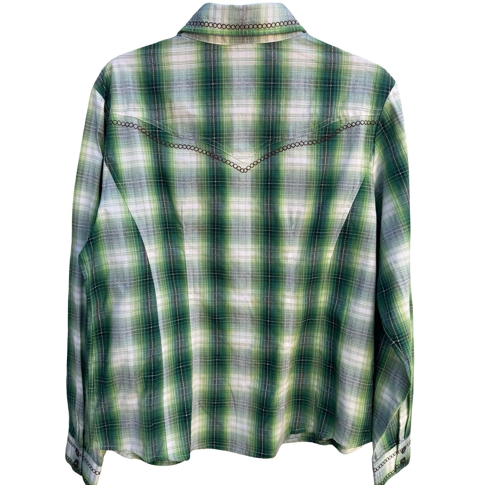 Diane Gilman DG2 Green Plaid Floral Embroidered Western Button Up Shirt M NEW