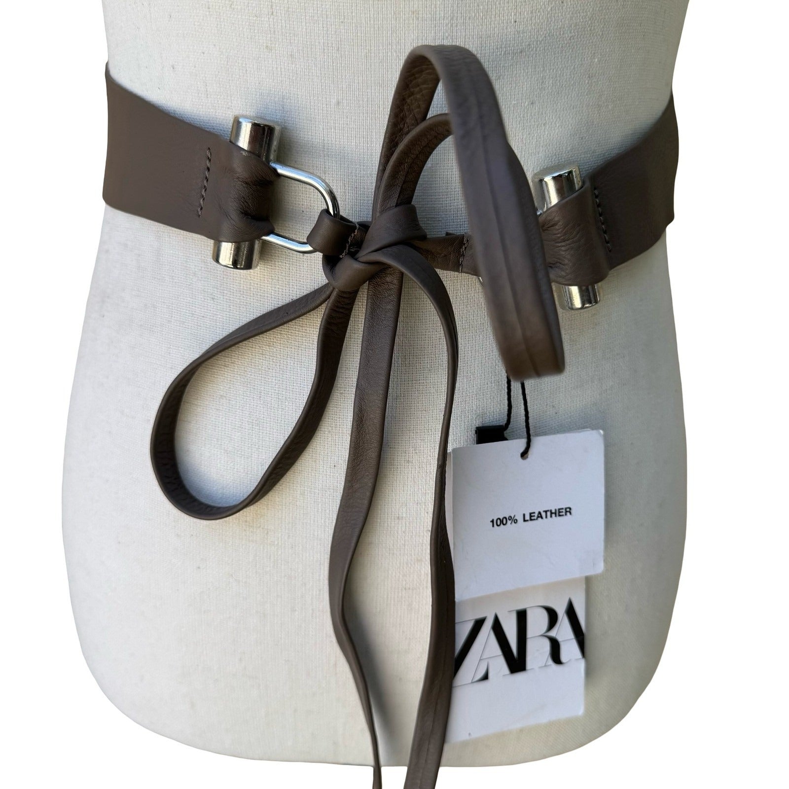 Zara Minimalist Boho Brown 100% Leather Tie Waist Obi Belt Silver Hardware NEW