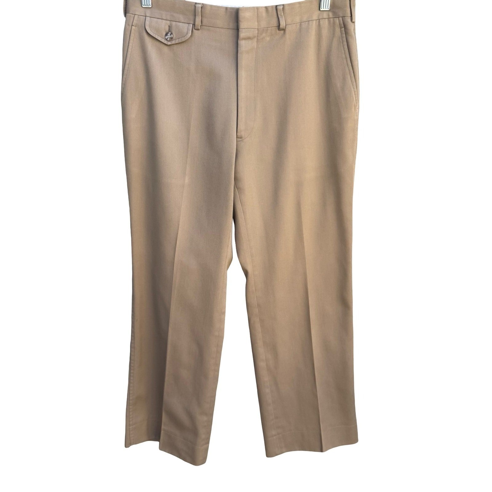 Lands End Direct Merchants Vintage Mens Khaki Twill Trousers Button Pockets Tan