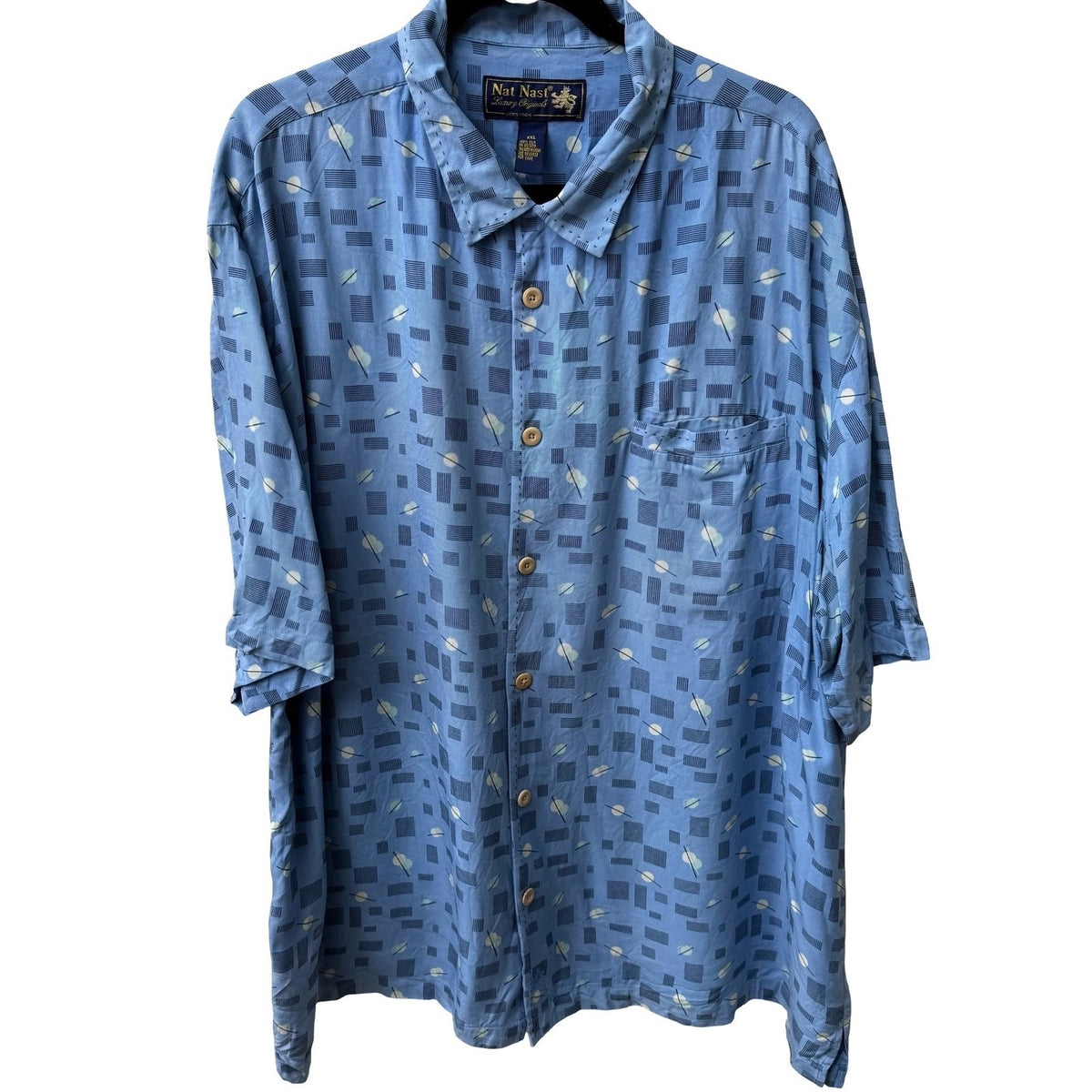 Nat Nast Vintage Y2K Silk MCM Art Deco Indiscreet Bowling Shirt Blue Mens XXL