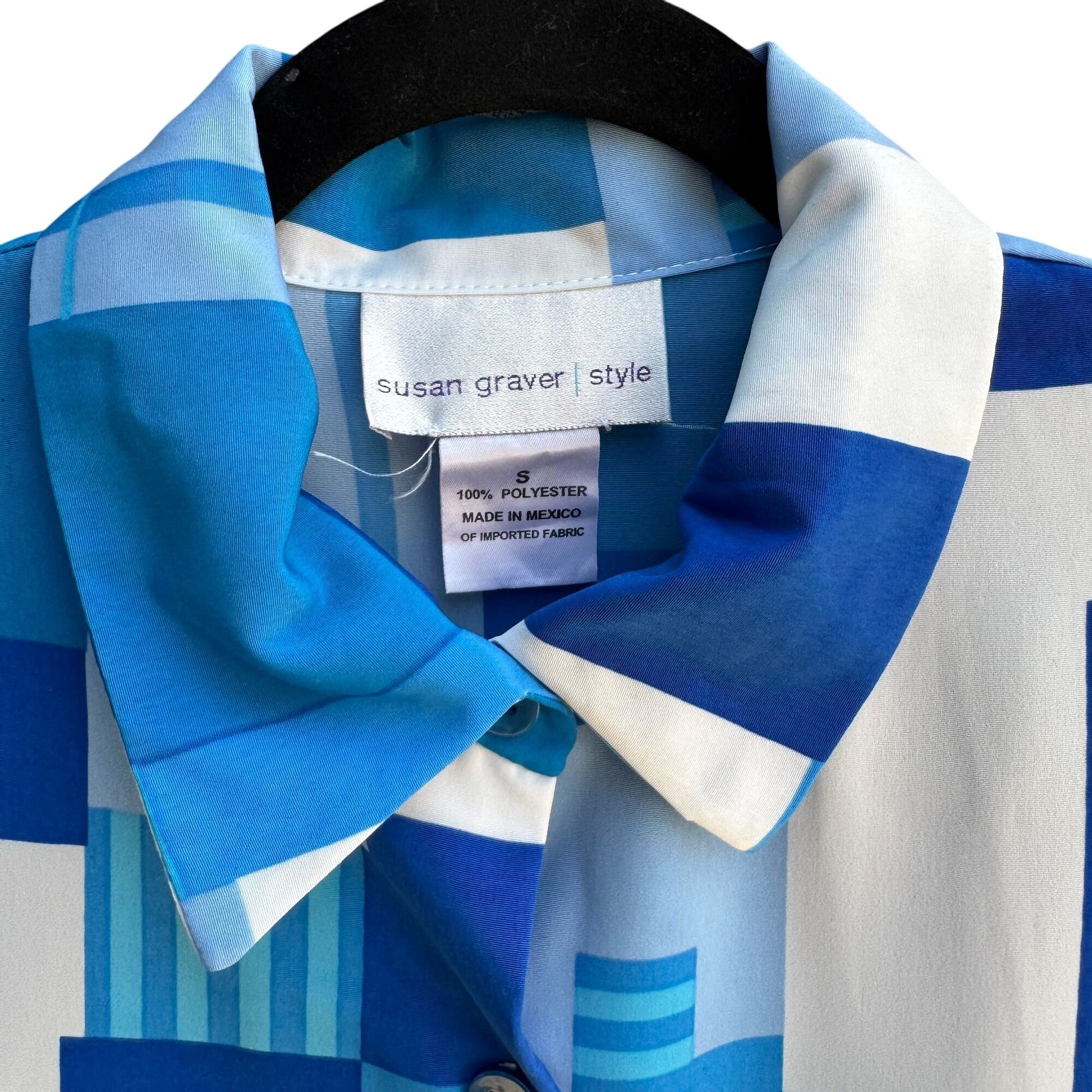 Susan Graver Style Womens Button Long Sleeve Blue Geometric Print Shirt Blouse S