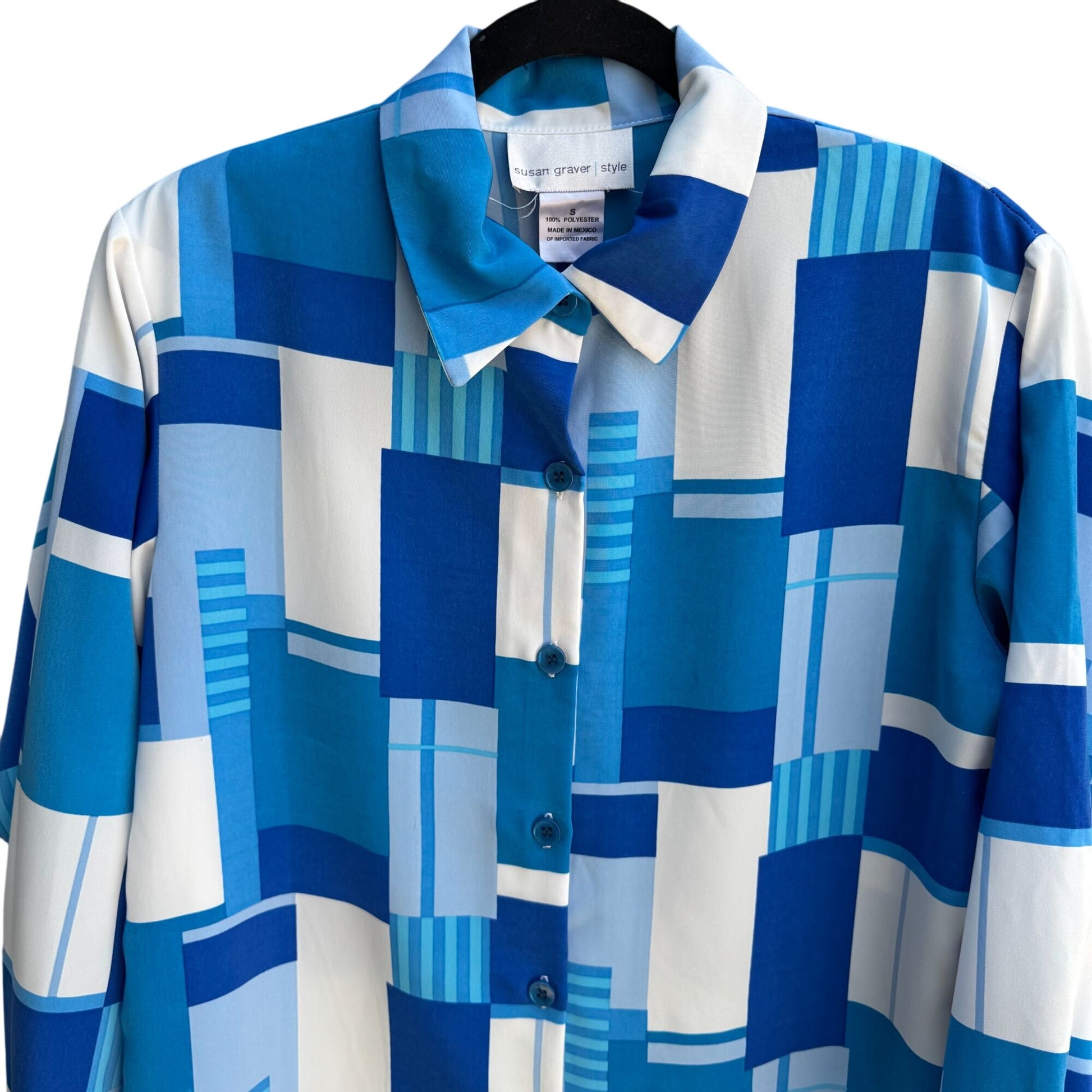 Susan Graver Style Womens Button Long Sleeve Blue Geometric Print Shirt Blouse S