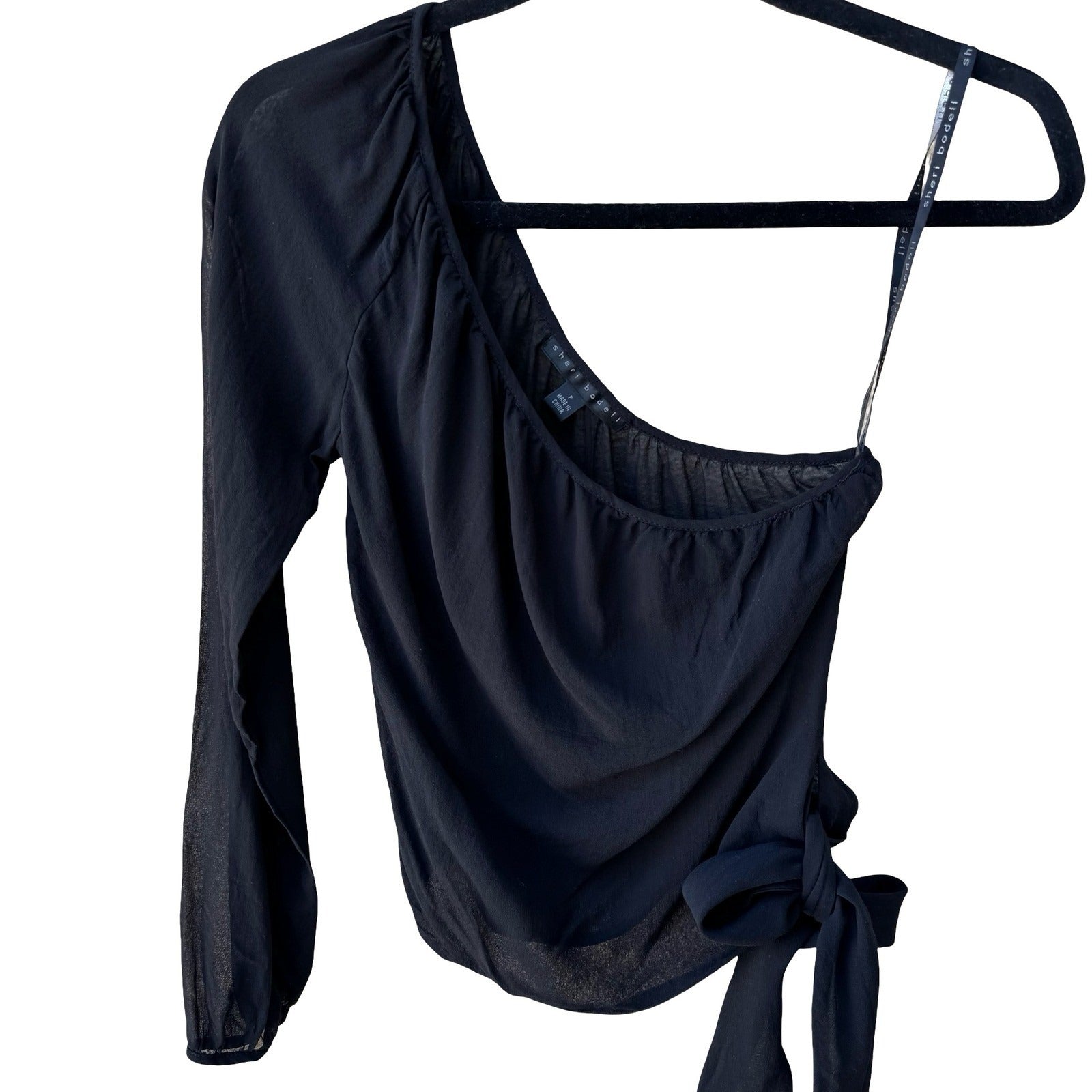 Sheri Bodell Y2K Silk Sheer Minimalist One Shoulder Asymmetric Side Tie Blouse S