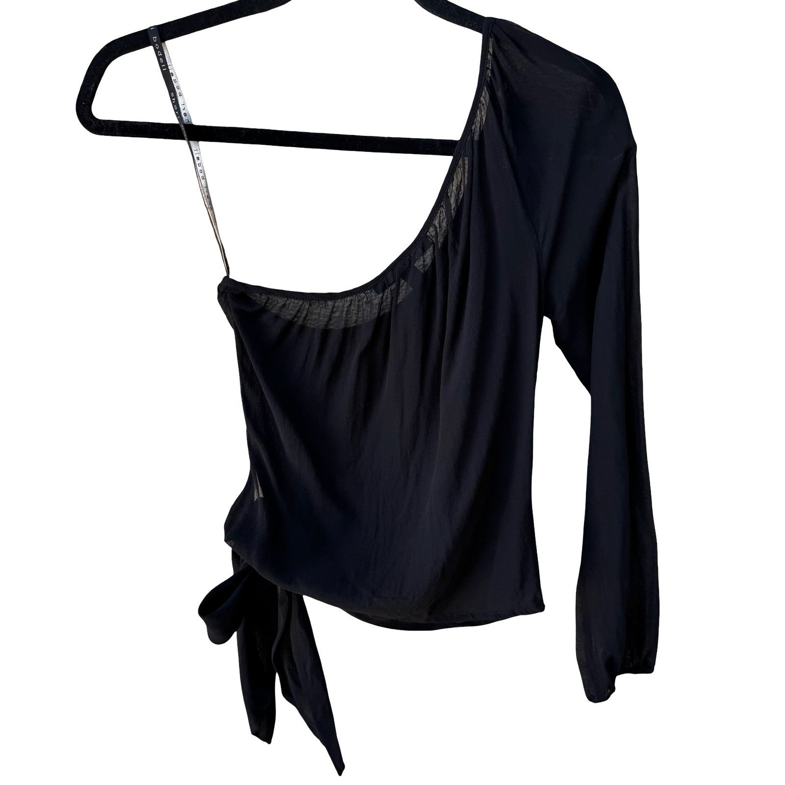 Sheri Bodell Y2K Silk Sheer Minimalist One Shoulder Asymmetric Side Tie Blouse S