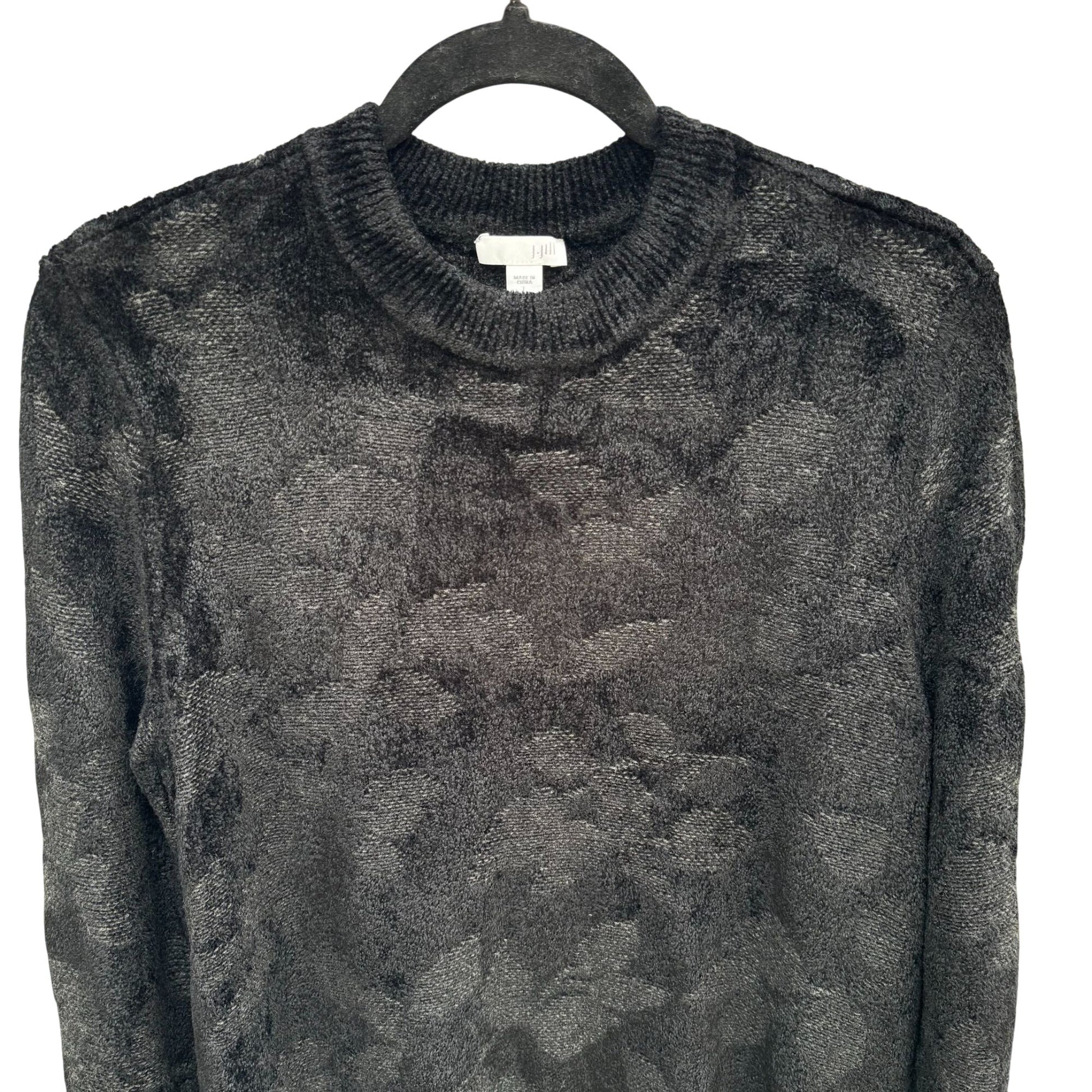 J.Jill Womens Black Jacquard Floral Textured Crewneck Knit Sweater L Cozy Preppy