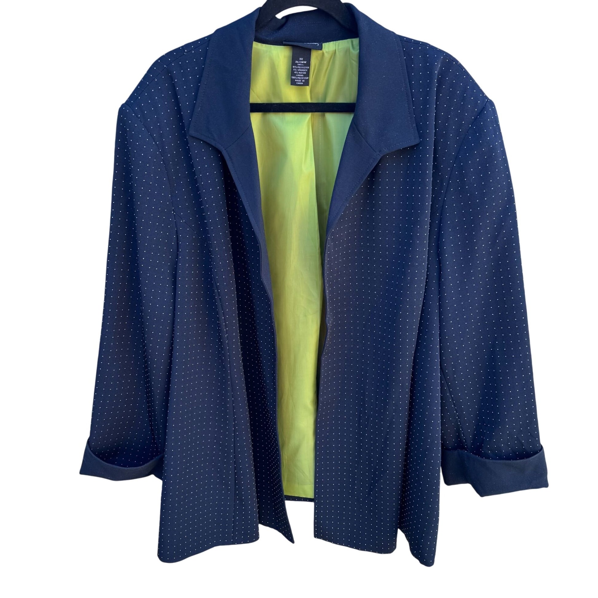 Maggie Barnes Navy Polka Dot Open Front Rolled Cuff Jacket 3X 26/28W Lightweight