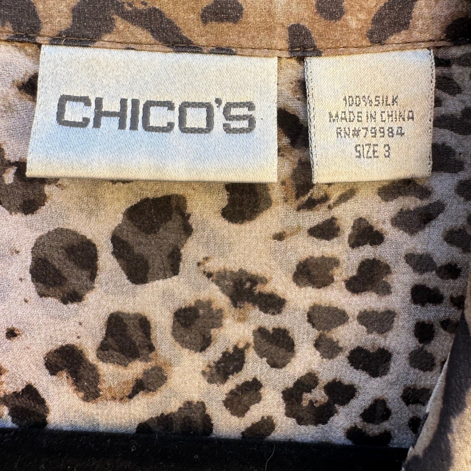 Chicos Silk Leopard Print Semi Sheer Blouse Brown Animal Print Tunic Size 3 XL