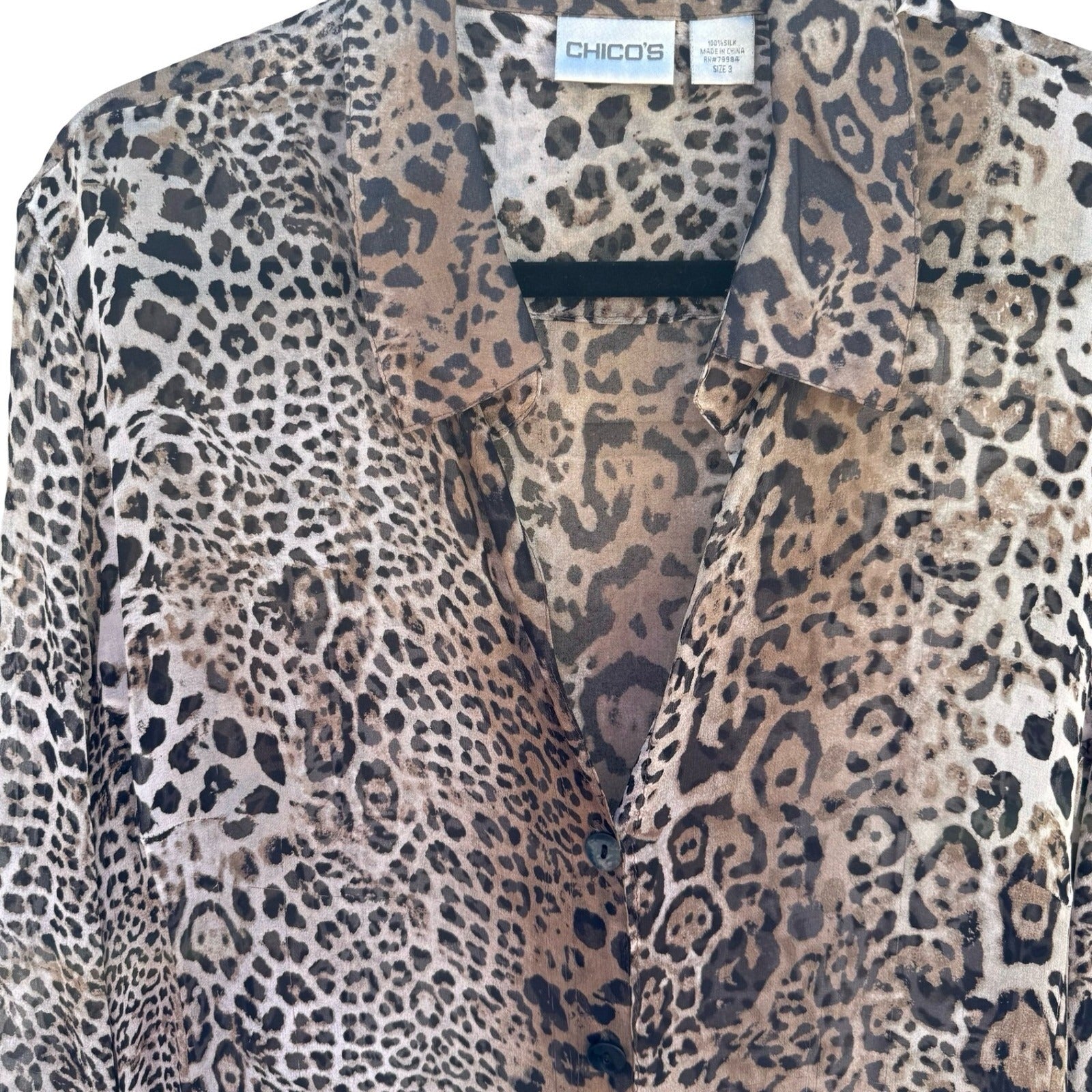 Chicos Silk Leopard Print Semi Sheer Blouse Brown Animal Print Tunic Size 3 XL