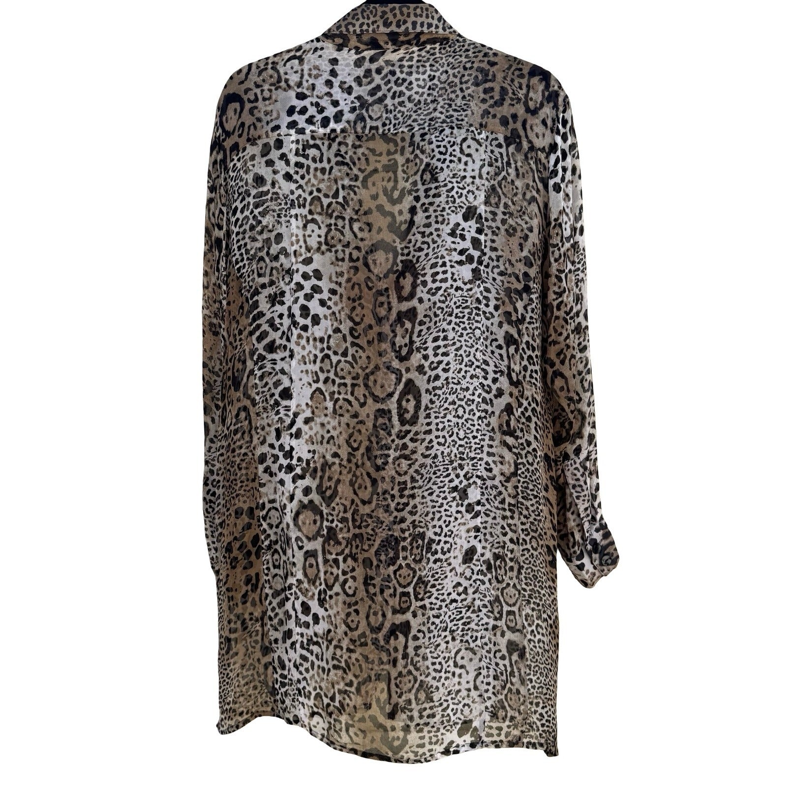 Chicos Silk Leopard Print Semi Sheer Blouse Brown Animal Print Tunic Size 3 XL