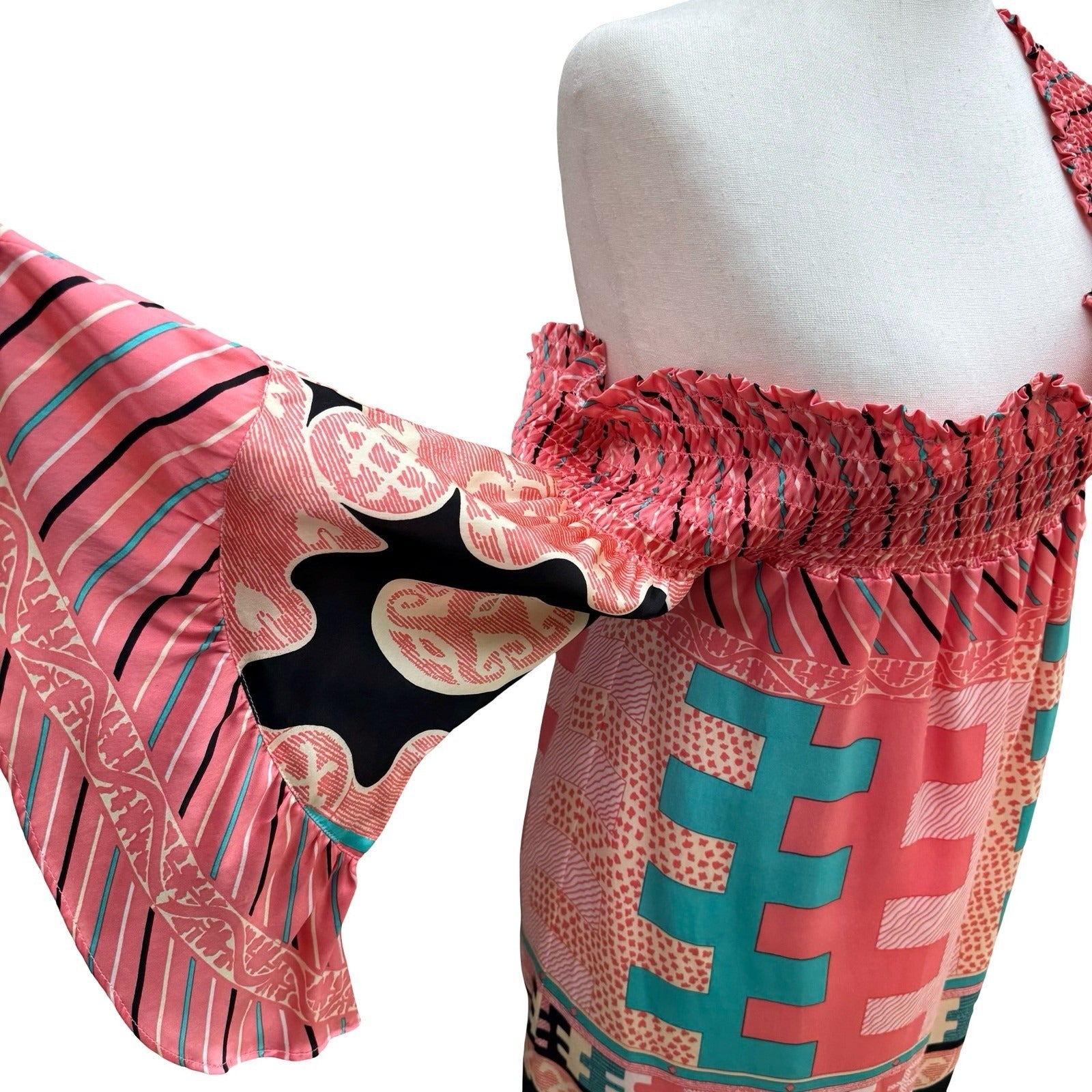 Voom Joy Han Y2K Art Deco Boho Fairy Festival Smocked Bell Sleeve Mini Dress S