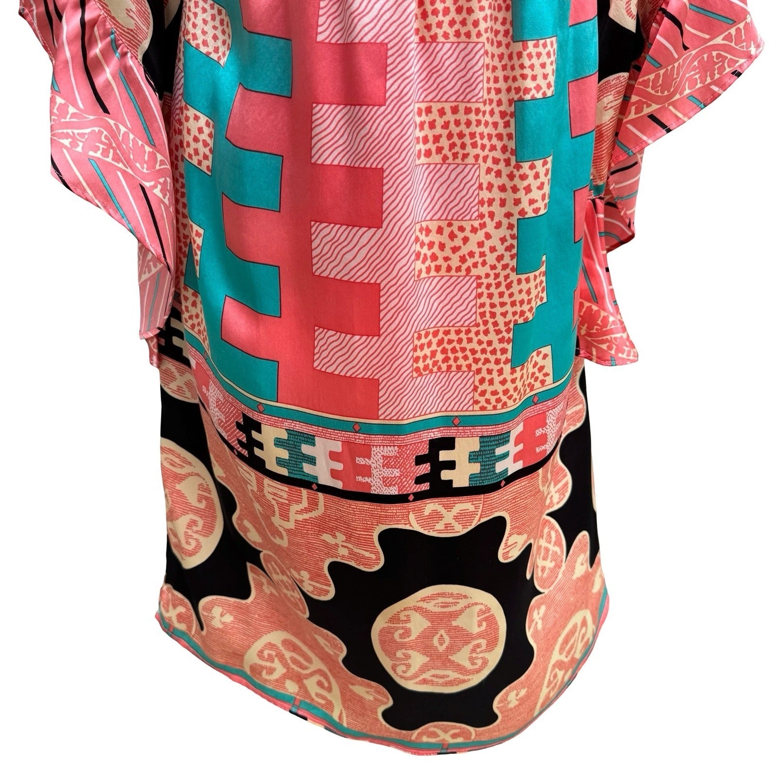Voom Joy Han Y2K Art Deco Boho Fairy Festival Smocked Bell Sleeve Mini Dress S