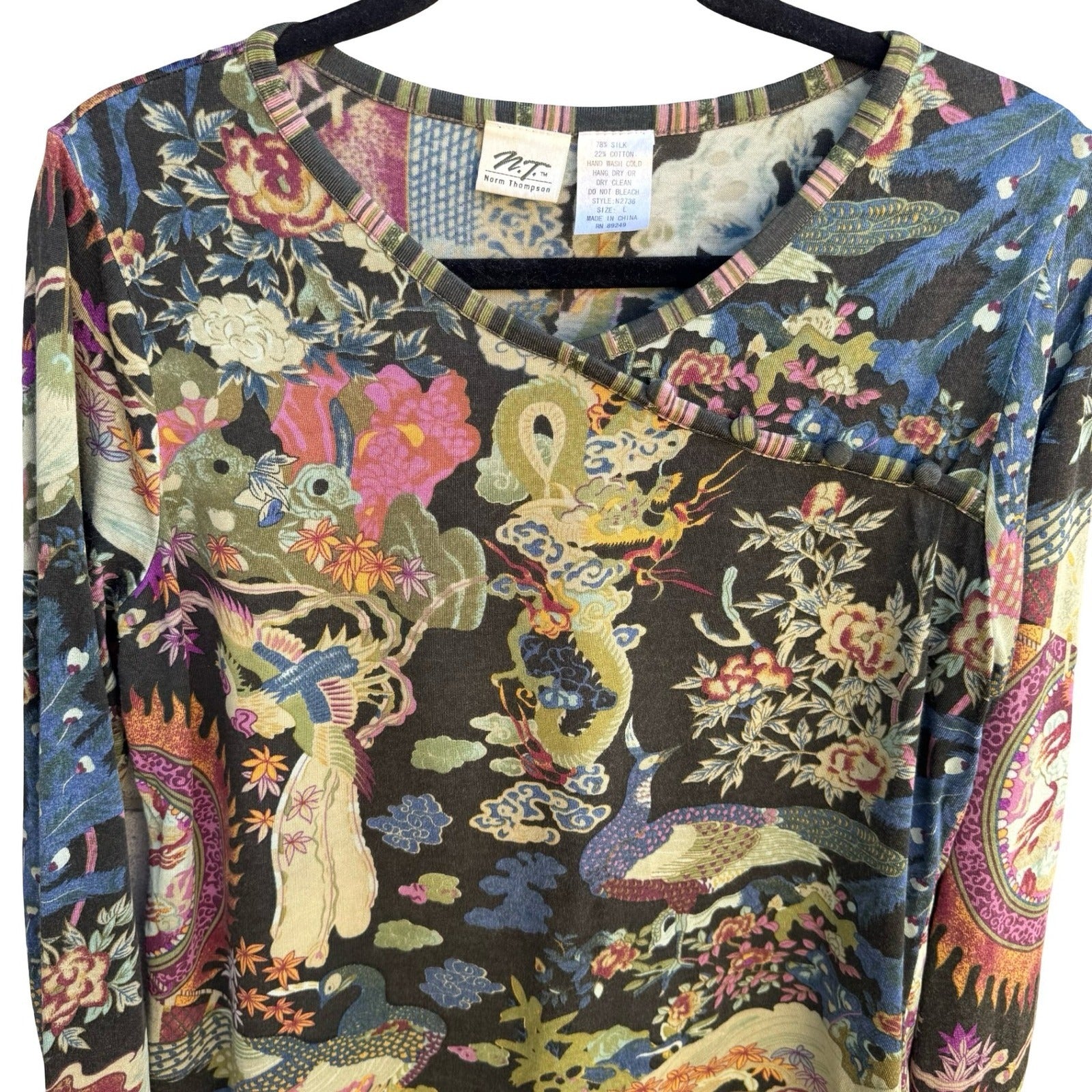 Norm Thompson Vintage Silk Cotton Chinoiserie Dragon Peacock Artsy Boho Blouse L