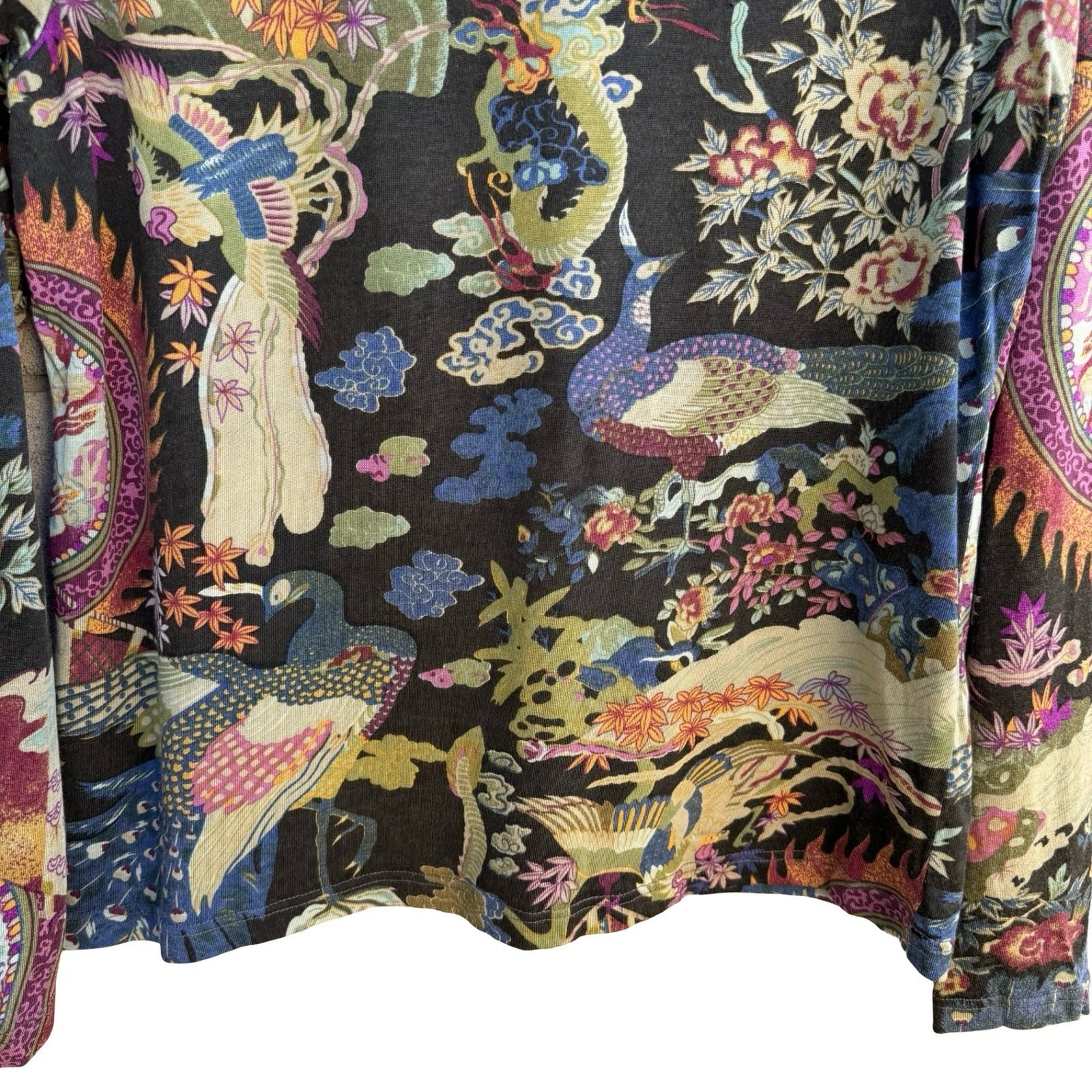 Norm Thompson Vintage Silk Cotton Chinoiserie Dragon Peacock Artsy Boho Blouse L