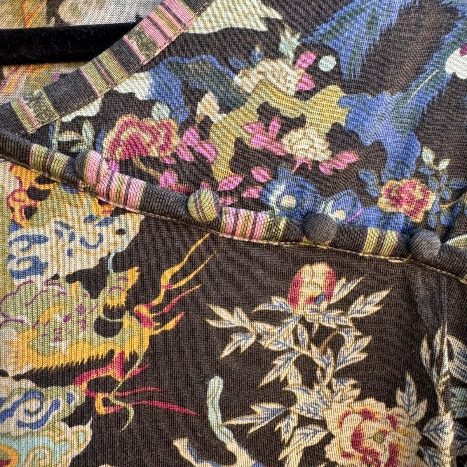 Norm Thompson Vintage Silk Cotton Chinoiserie Dragon Peacock Artsy Boho Blouse L